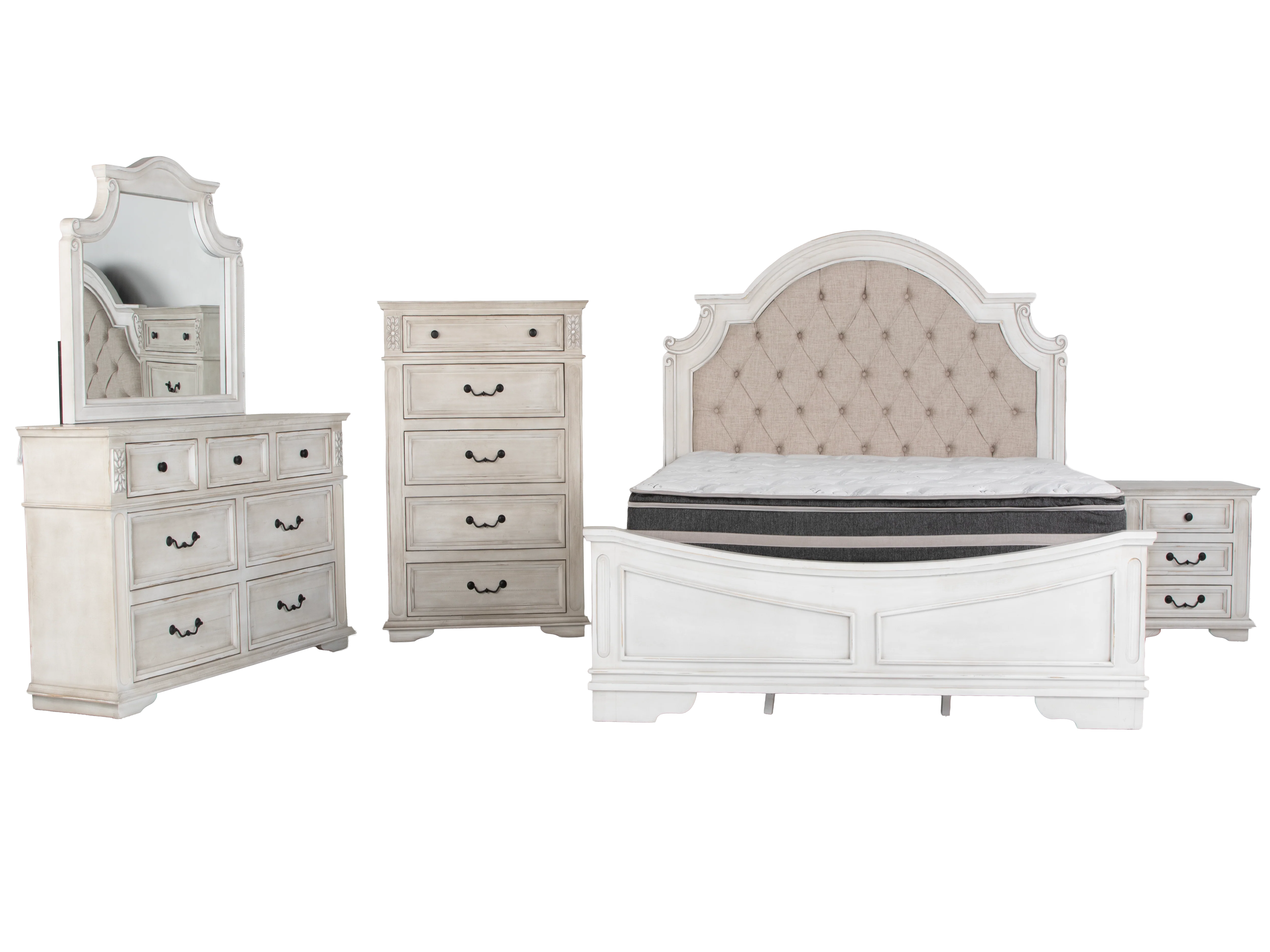 Magnolia Savanna White Farmhouse Style Upholstered Sleigh 6‑Piece Bedroom Set - Image 4