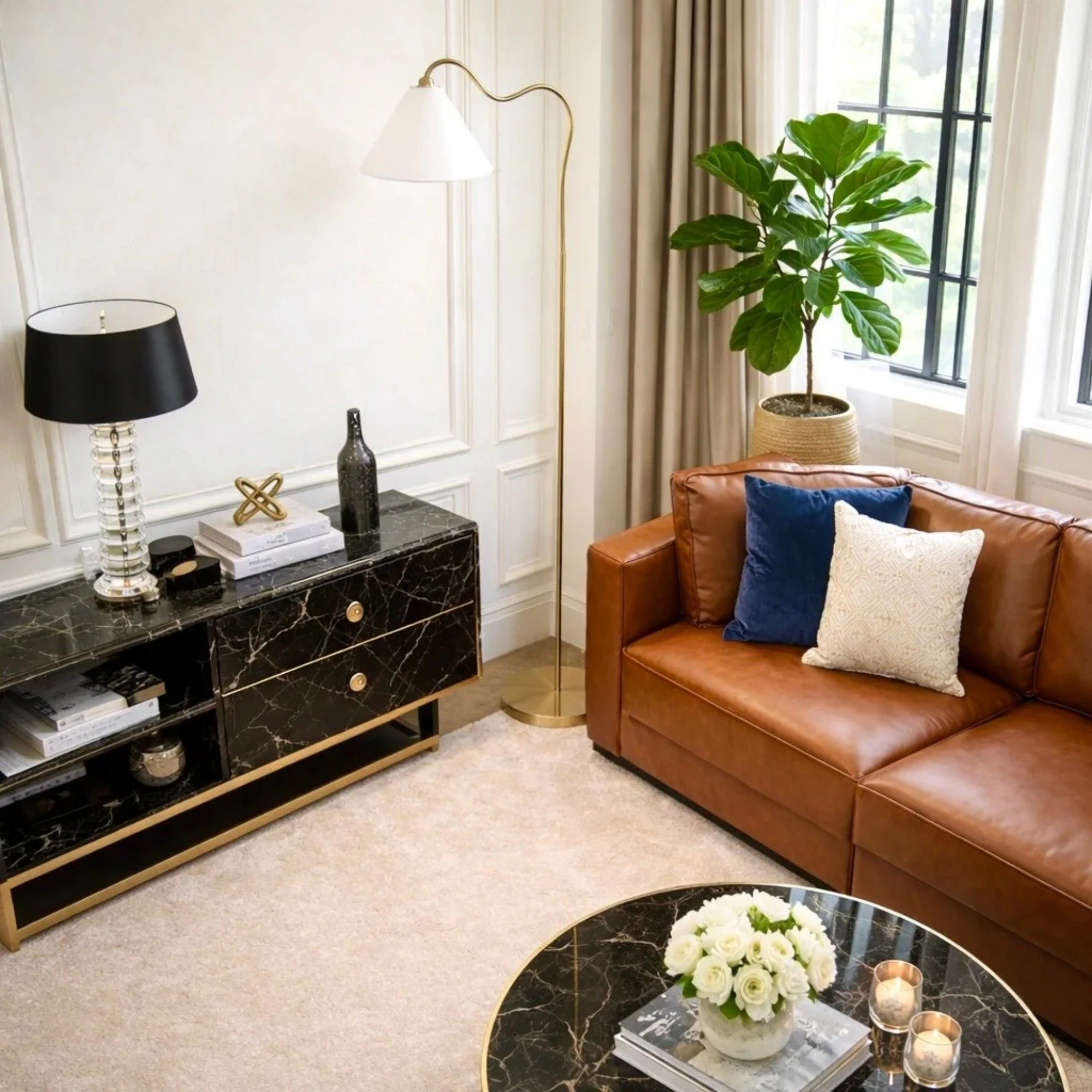 Majestic - Ring Base Curved Floor Lamp With Triangle Drum Shade - Gold / White - Image 3