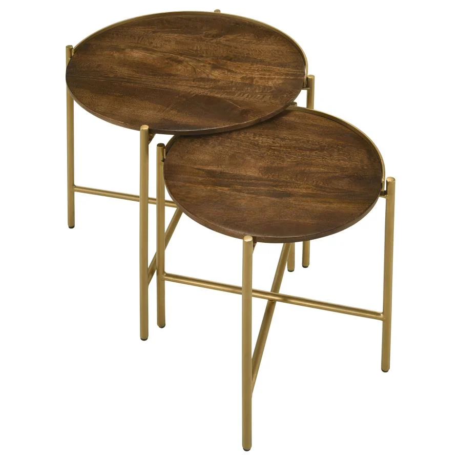 Malka - 2 Piece Round Wood Nesting Table - Dark Brown And Gold - Image 3