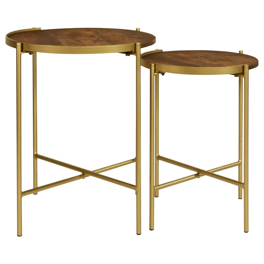 Malka - 2 Piece Round Wood Nesting Table - Dark Brown And Gold - Image 4