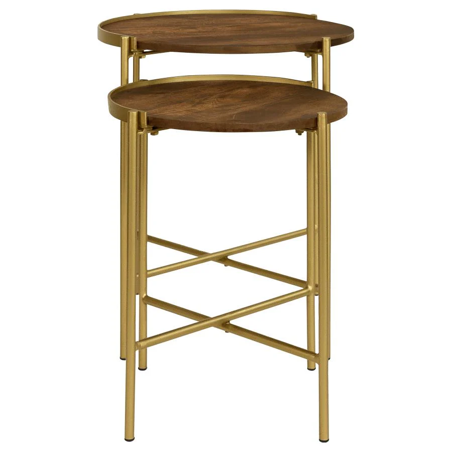 Malka - 2 Piece Round Wood Nesting Table - Dark Brown And Gold - Image 5