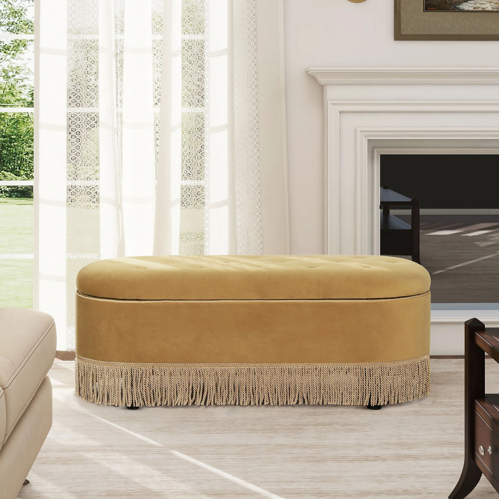 Melinda - Oval Tufted Bullion Fringe Storage Bench - Image 10