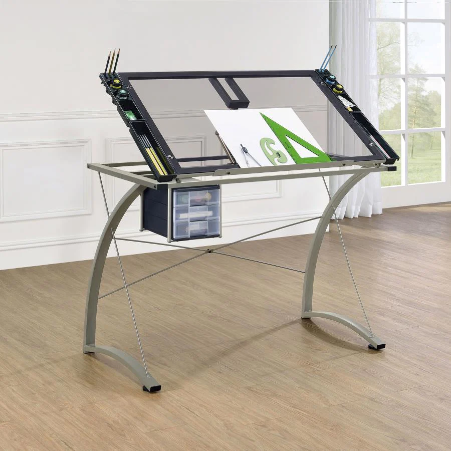 Melo - Glass Top Drafting Table With Storage - Silver - Image 3