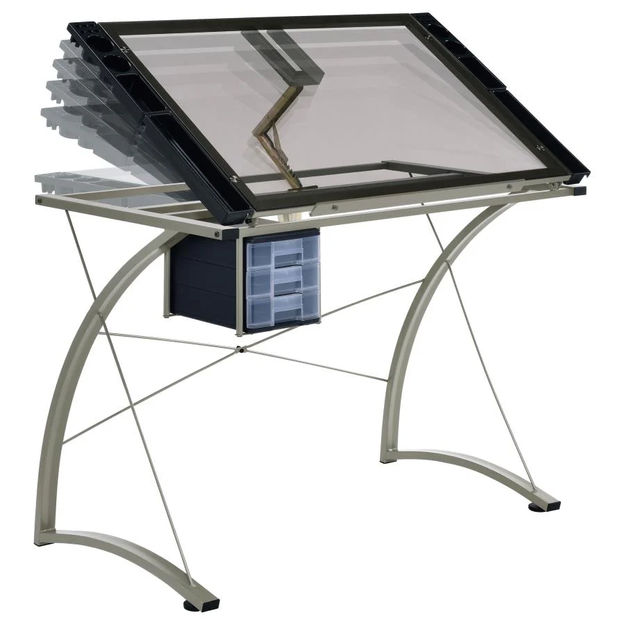 Melo - Glass Top Drafting Table With Storage - Silver - Image 4