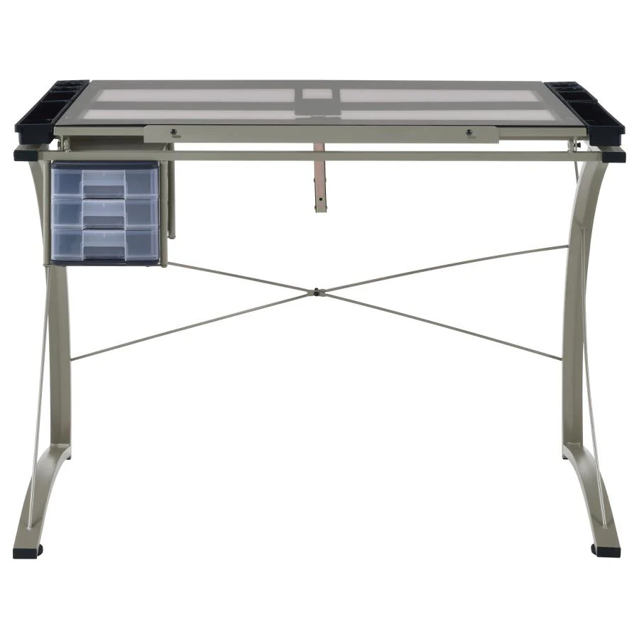 Melo - Glass Top Drafting Table With Storage - Silver - Image 7