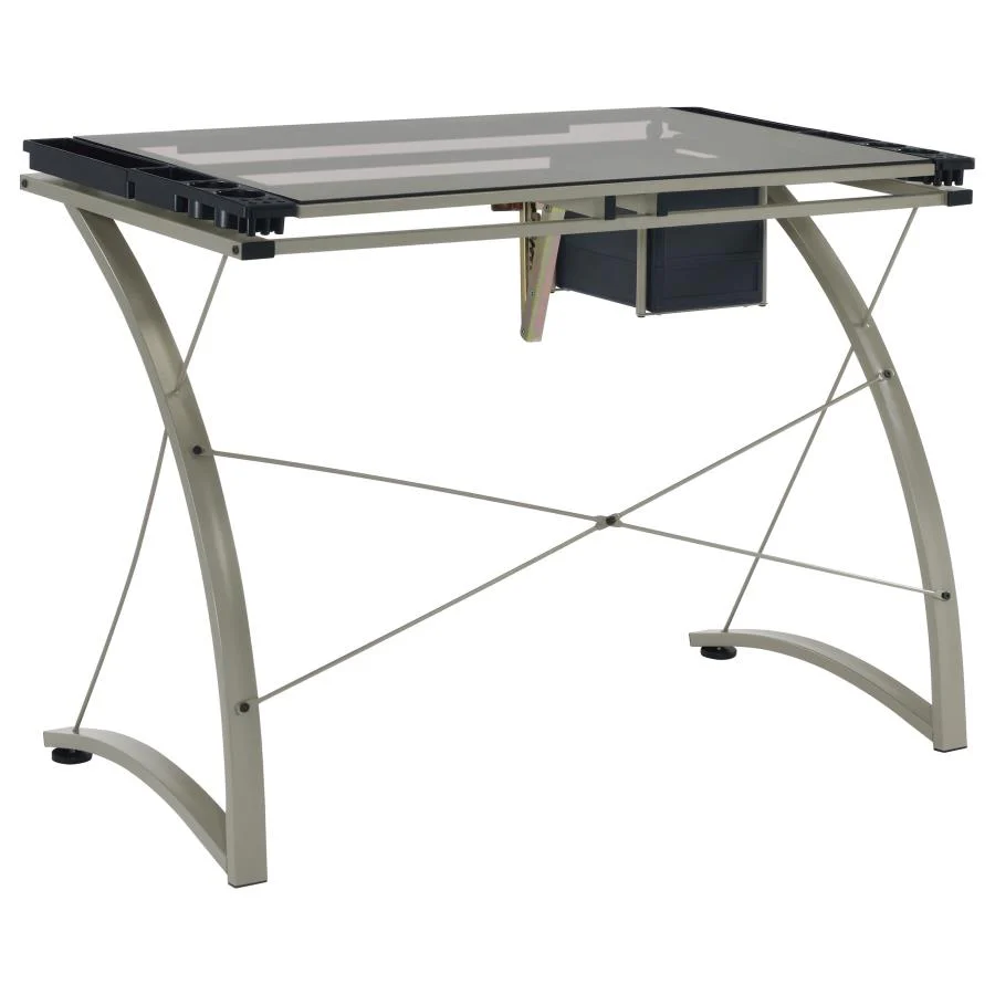 Melo - Glass Top Drafting Table With Storage - Silver - Image 9