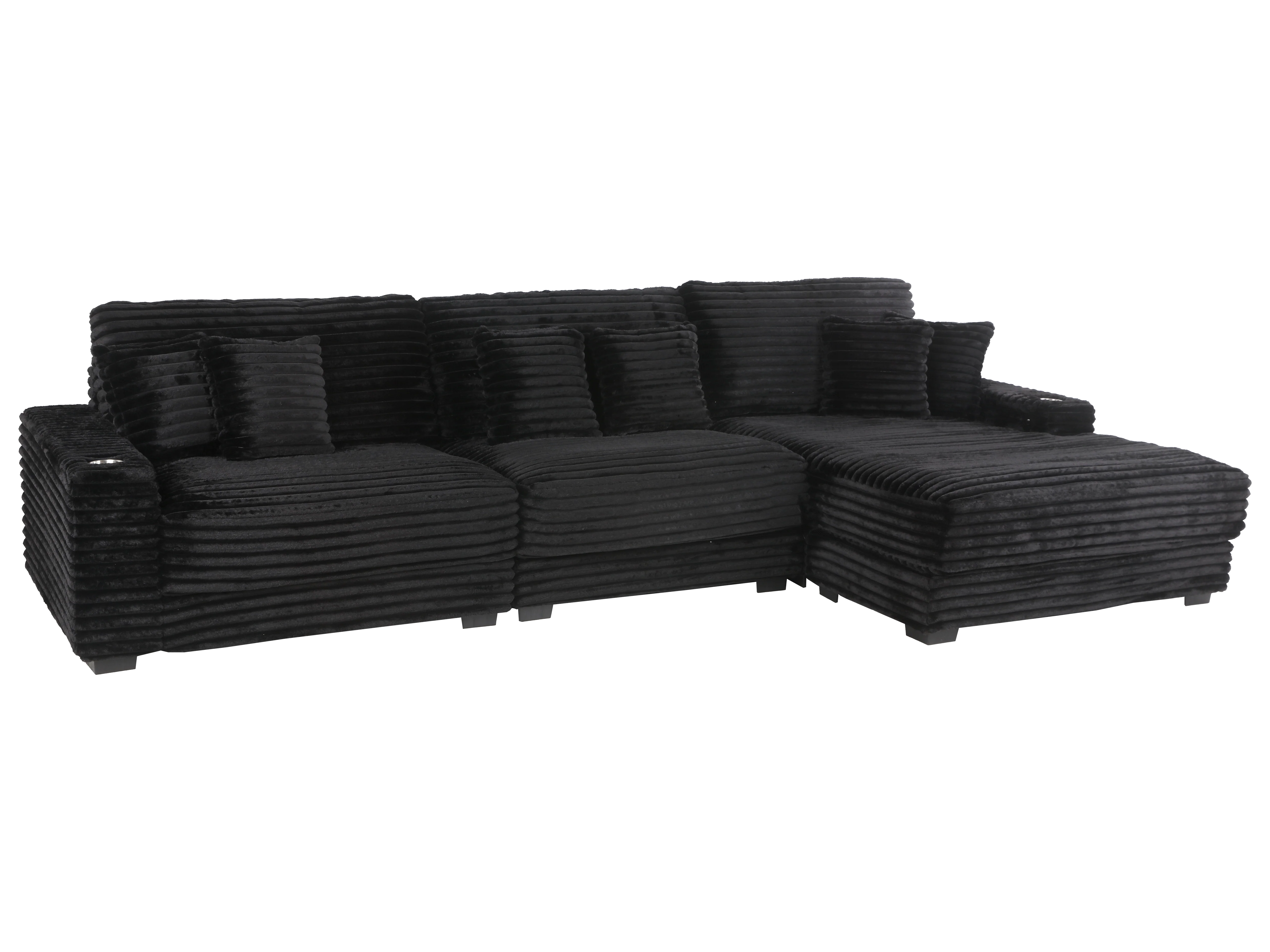 Midnight Black Wide Wale Corduroy Modular Sectional with Chaise, USB Charging & Cup Holders - Image 2