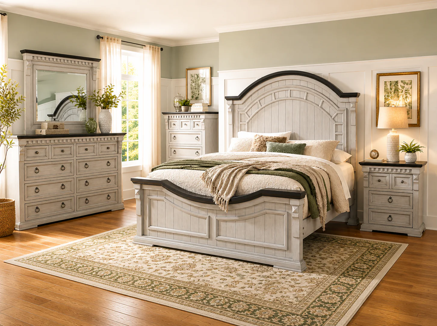 Mission Crest Rustic Farmhouse 6-Piece Bedroom Set – Two-Tone Gray/White Panel Bed - Image 12