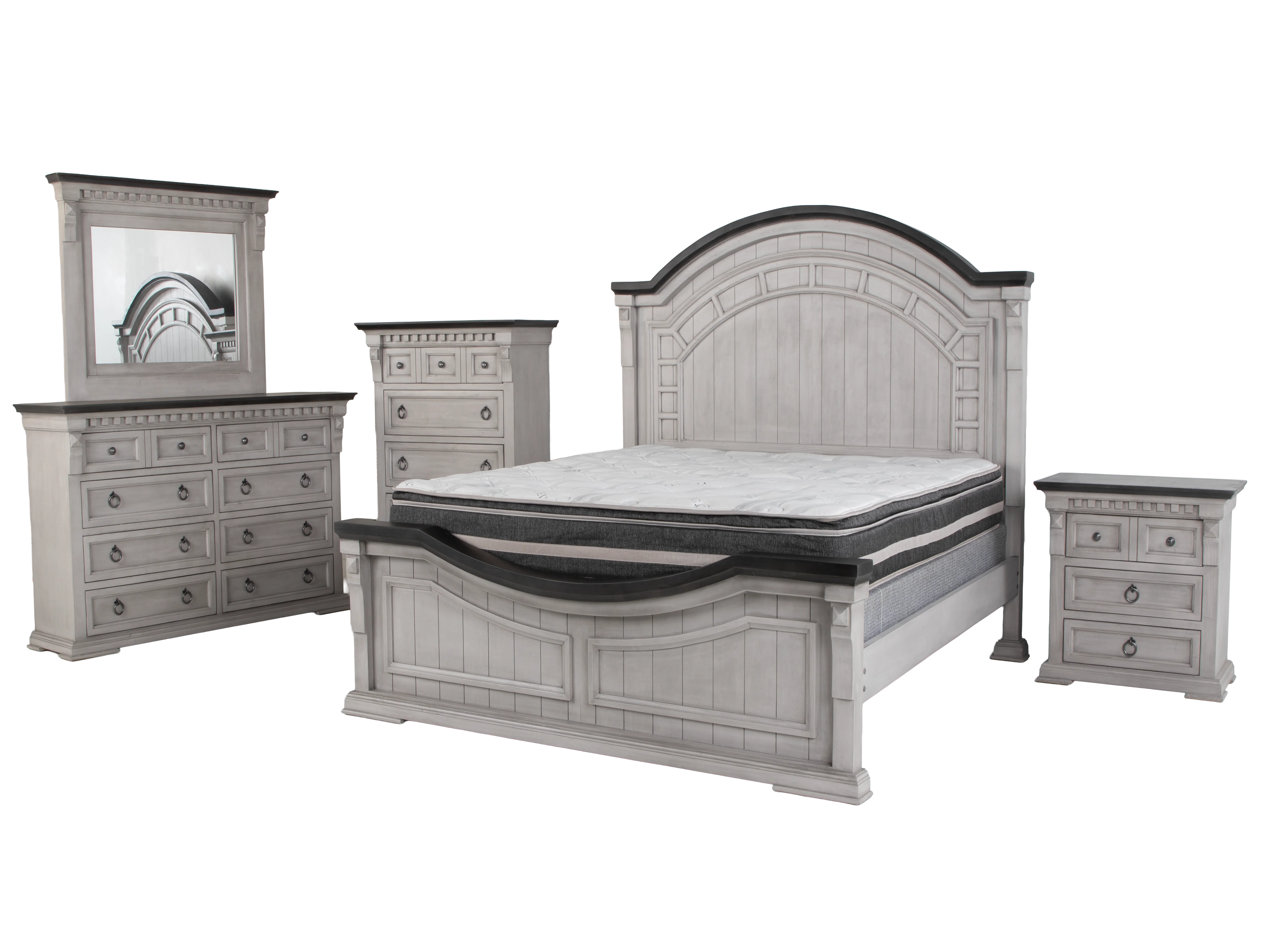 Mission Crest Rustic Farmhouse 6-Piece Bedroom Set – Two-Tone Gray/White Panel Bed - Image 3