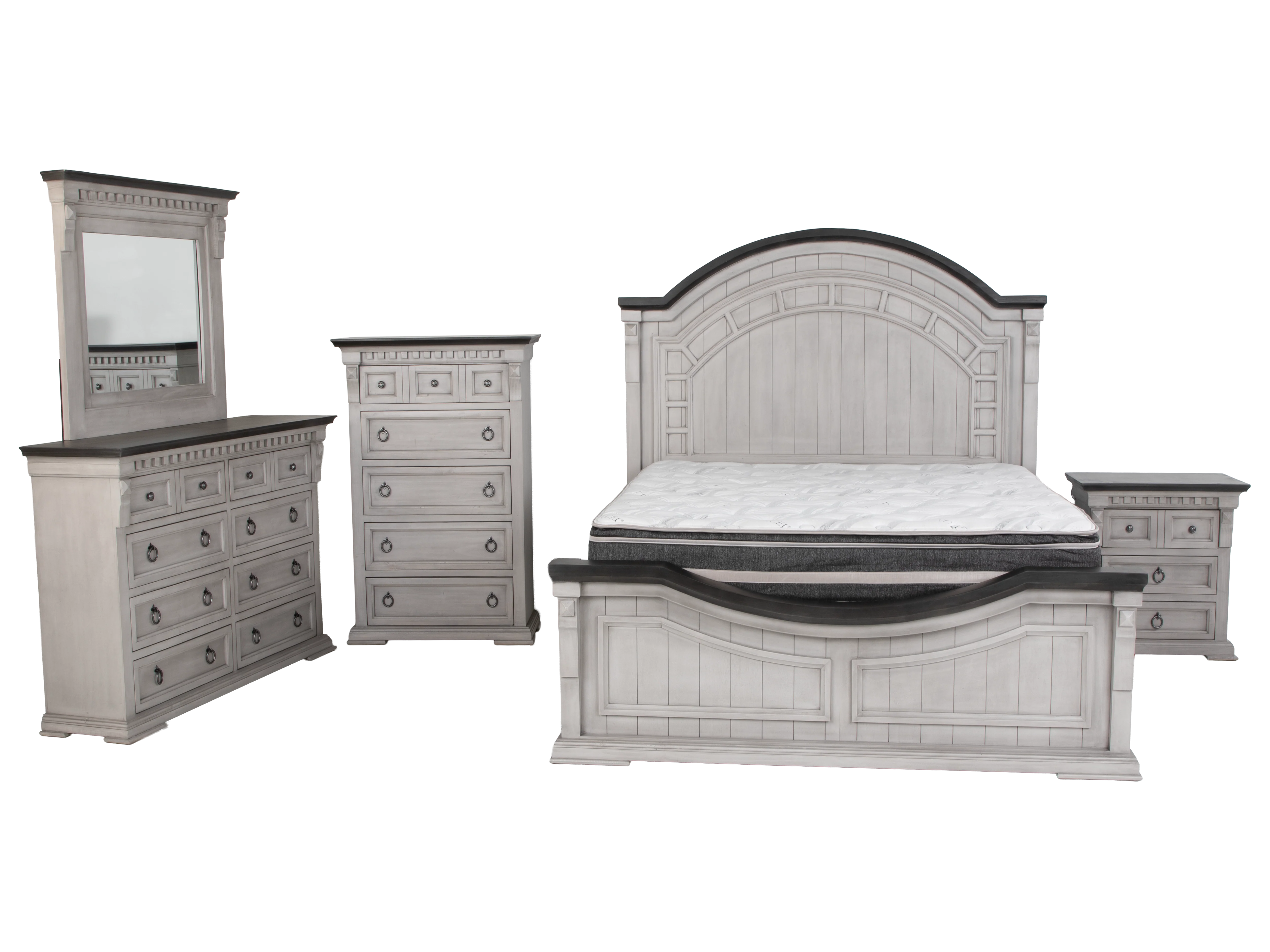 Mission Crest Rustic Farmhouse 6-Piece Bedroom Set – Two-Tone Gray/White Panel Bed - Image 4