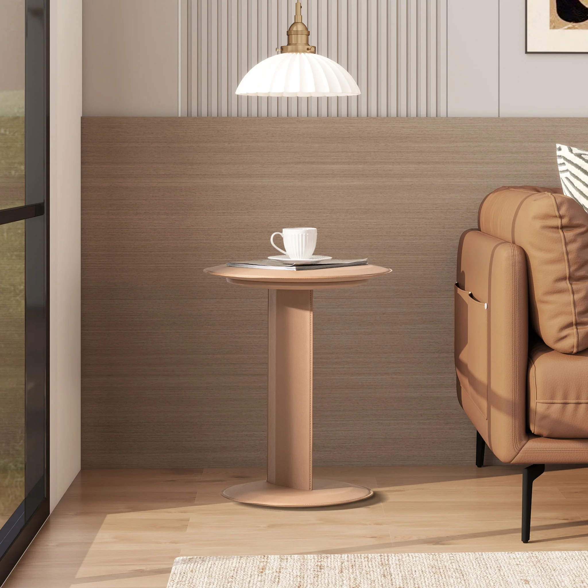 Mode - Leatherette Round C-Shaped Sofa Side Table - Saddle Brown - Image 8