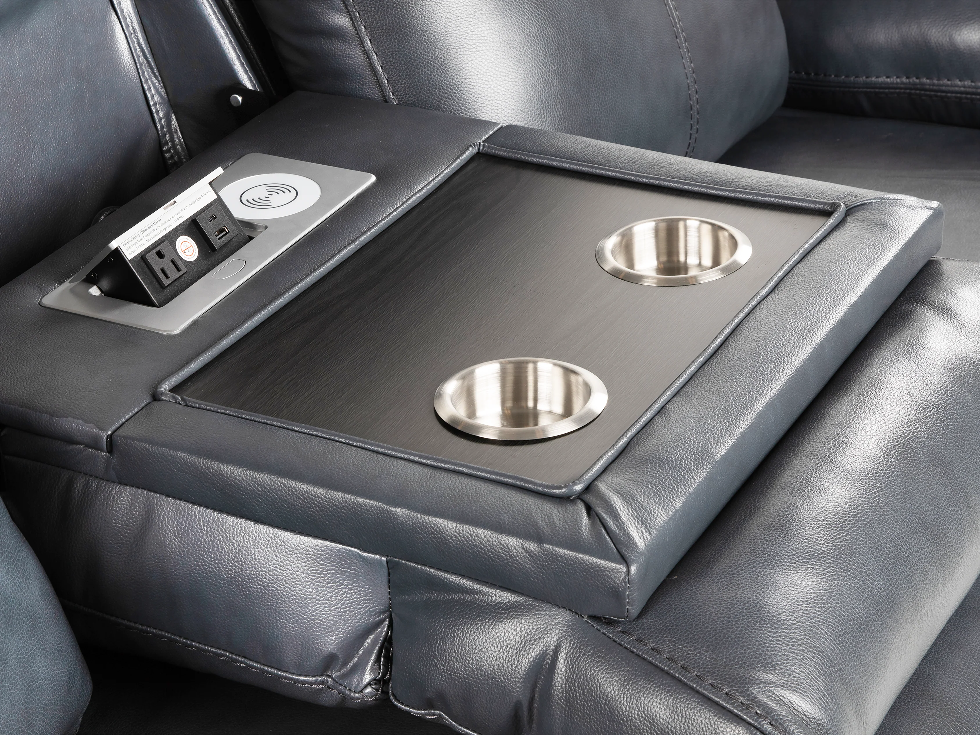 Modern 3-Piece Top Grain Leather Power Reclining Living Room Set with Console, Drop-Down Table, Cup Holders & USB (Slate) - Image 7