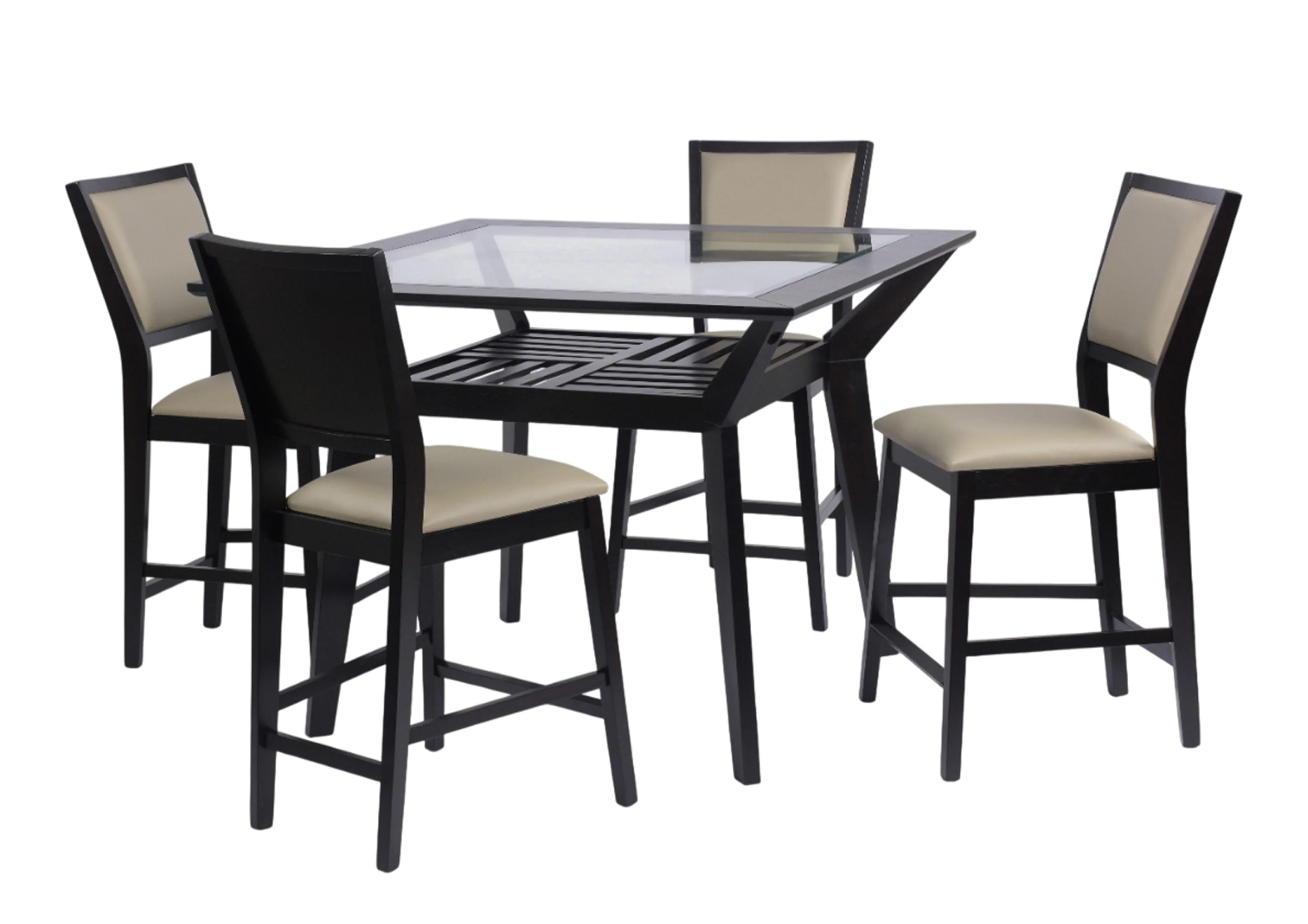 Modern 5-Piece Counter Height Dining Set with Tempered Glass Top Pub Table and 4 Cream PU Upholstered Chairs - Image 2