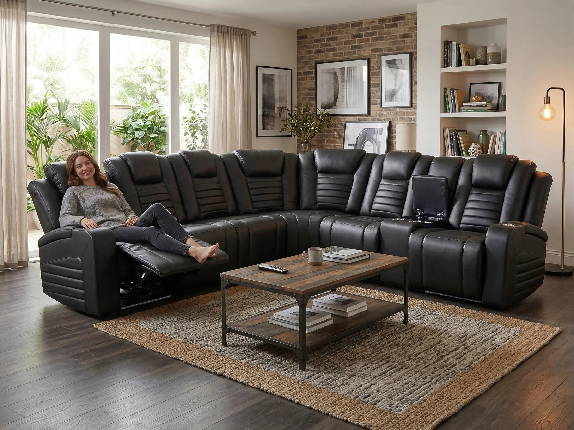 Modern Black Power Reclining Sectional with Power Headrests, Built-In Speakers, LED Lights, Cup Holders & USB Charging - Image 2
