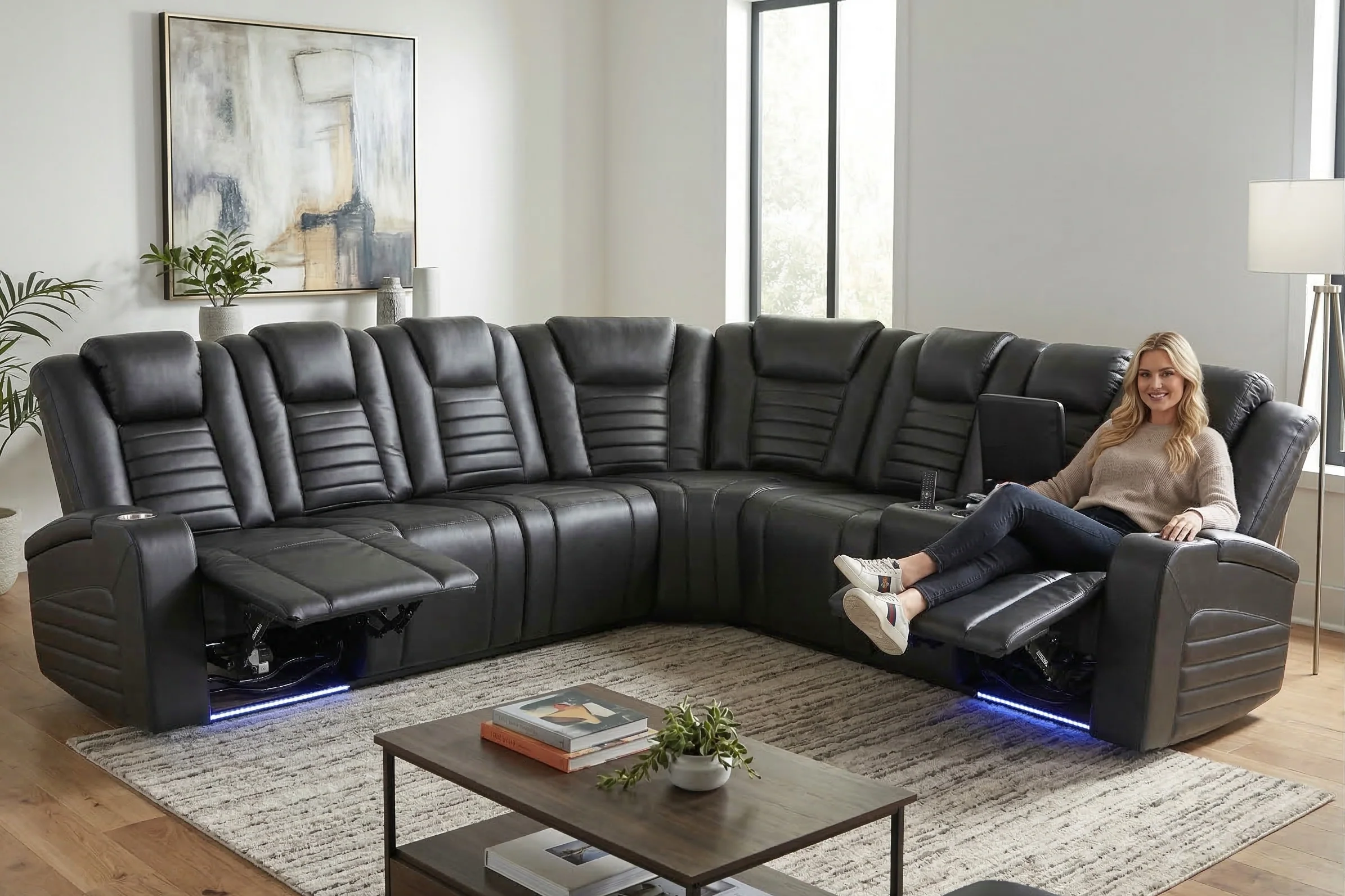 Modern Black Power Reclining Sectional with Power Headrests, Built-In Speakers, LED Lights, Cup Holders & USB Charging - Image 9