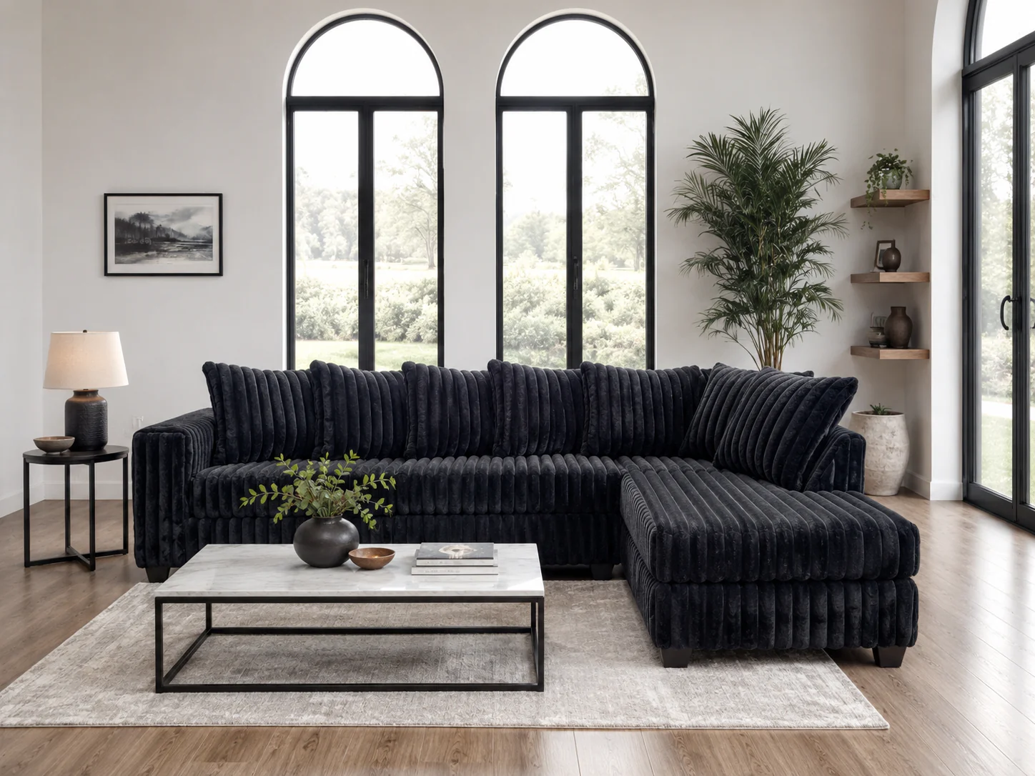 Modern Black Ribbed 2 Piece L-Shaped Sectional Sofa with LAF Sofa, RAF Chaise & Plush Channel Design - Image 2