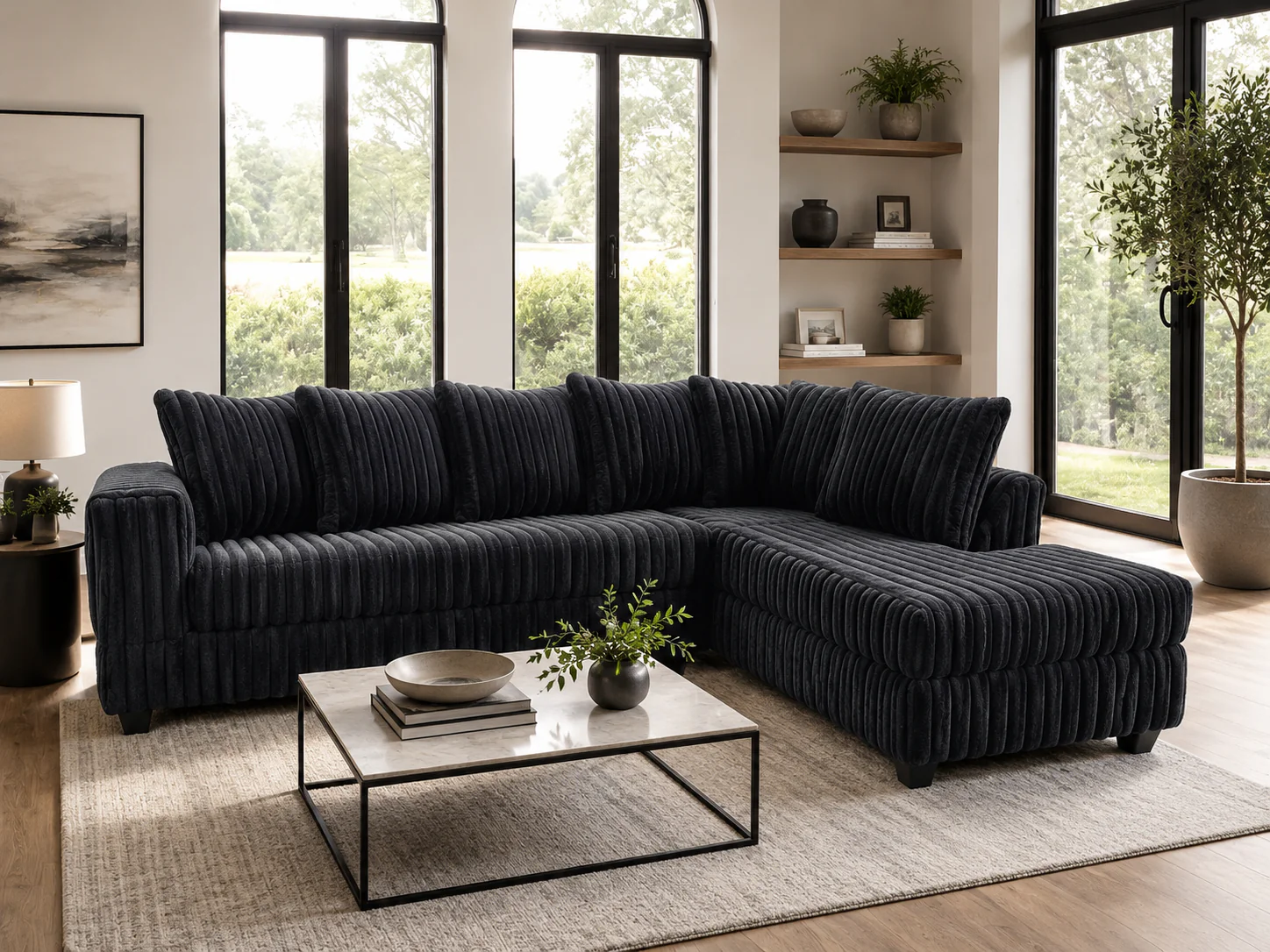Modern Black Ribbed 2 Piece L-Shaped Sectional Sofa with LAF Sofa, RAF Chaise & Plush Channel Design - Image 3