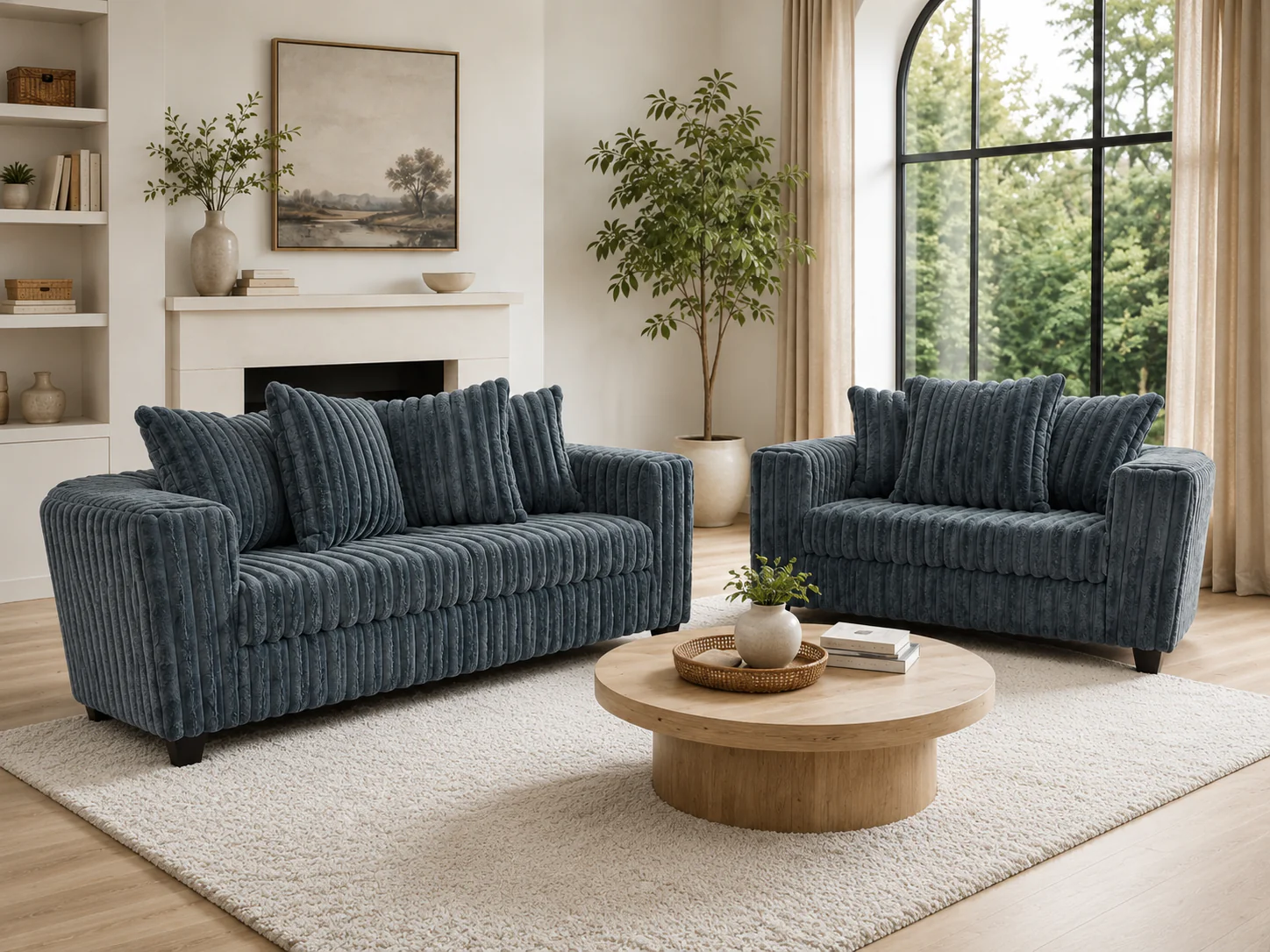 Modern Charcoal Ribbed Plush Fabric 2-Piece Sofa and Loveseat Set - Image 2
