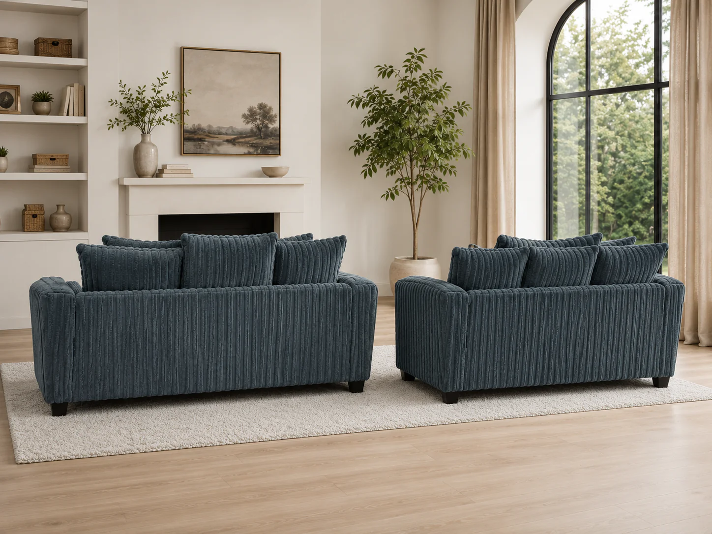 Modern Charcoal Ribbed Plush Fabric 2-Piece Sofa and Loveseat Set - Image 4