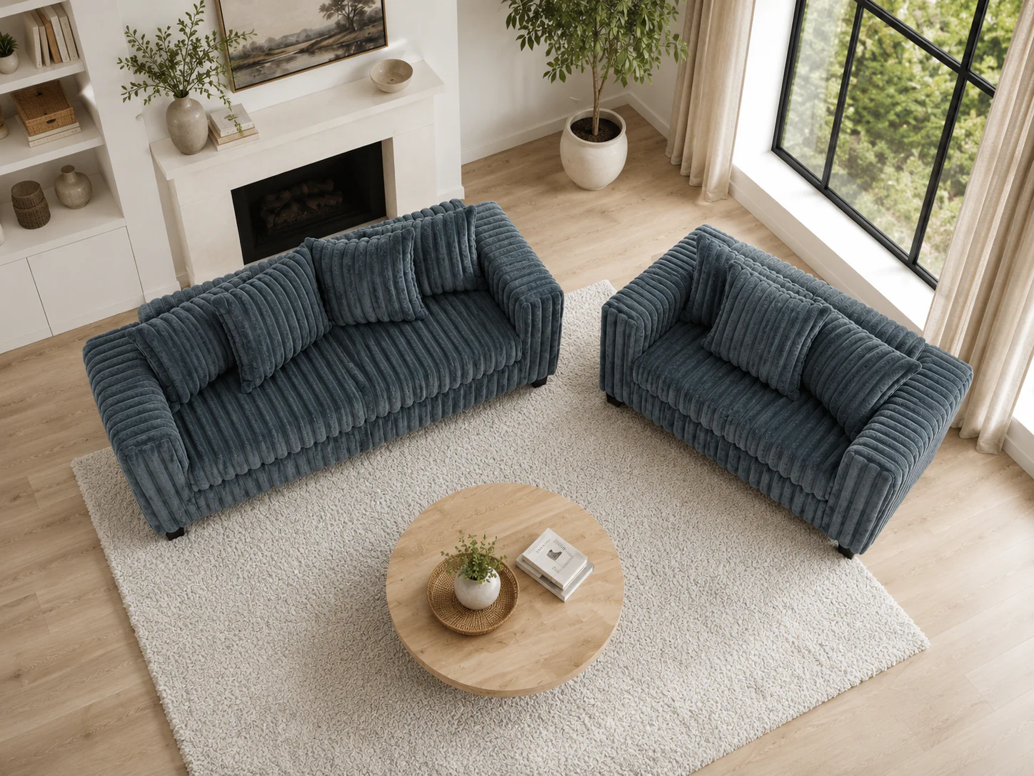 Modern Charcoal Ribbed Plush Fabric 2-Piece Sofa and Loveseat Set - Image 5
