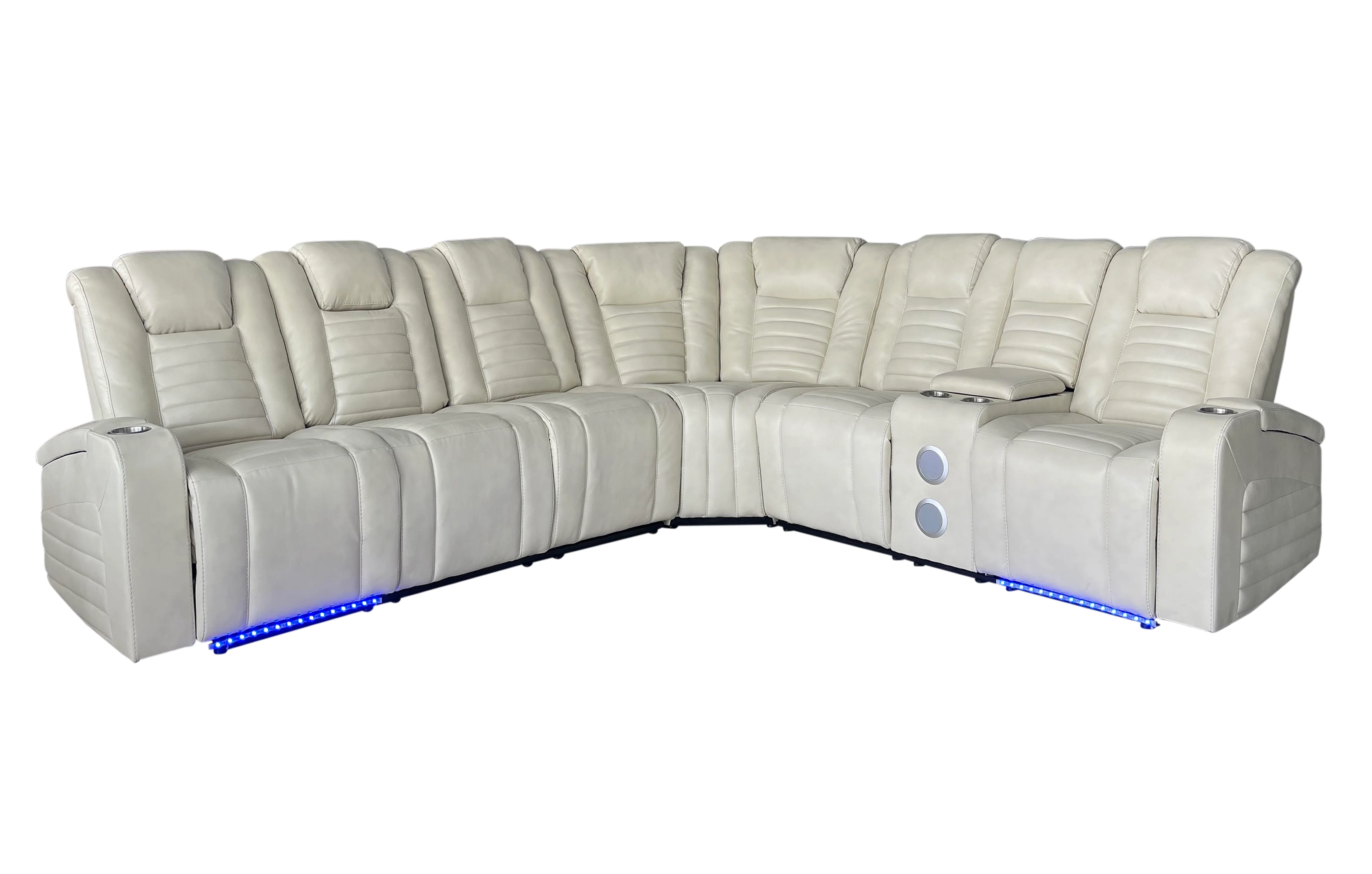 Modern Contemporary Cream Power Reclining Sectional w/ Power Headrests, LED, Wireless + USB Charging, Storage & Bluetooth Console - Image 4