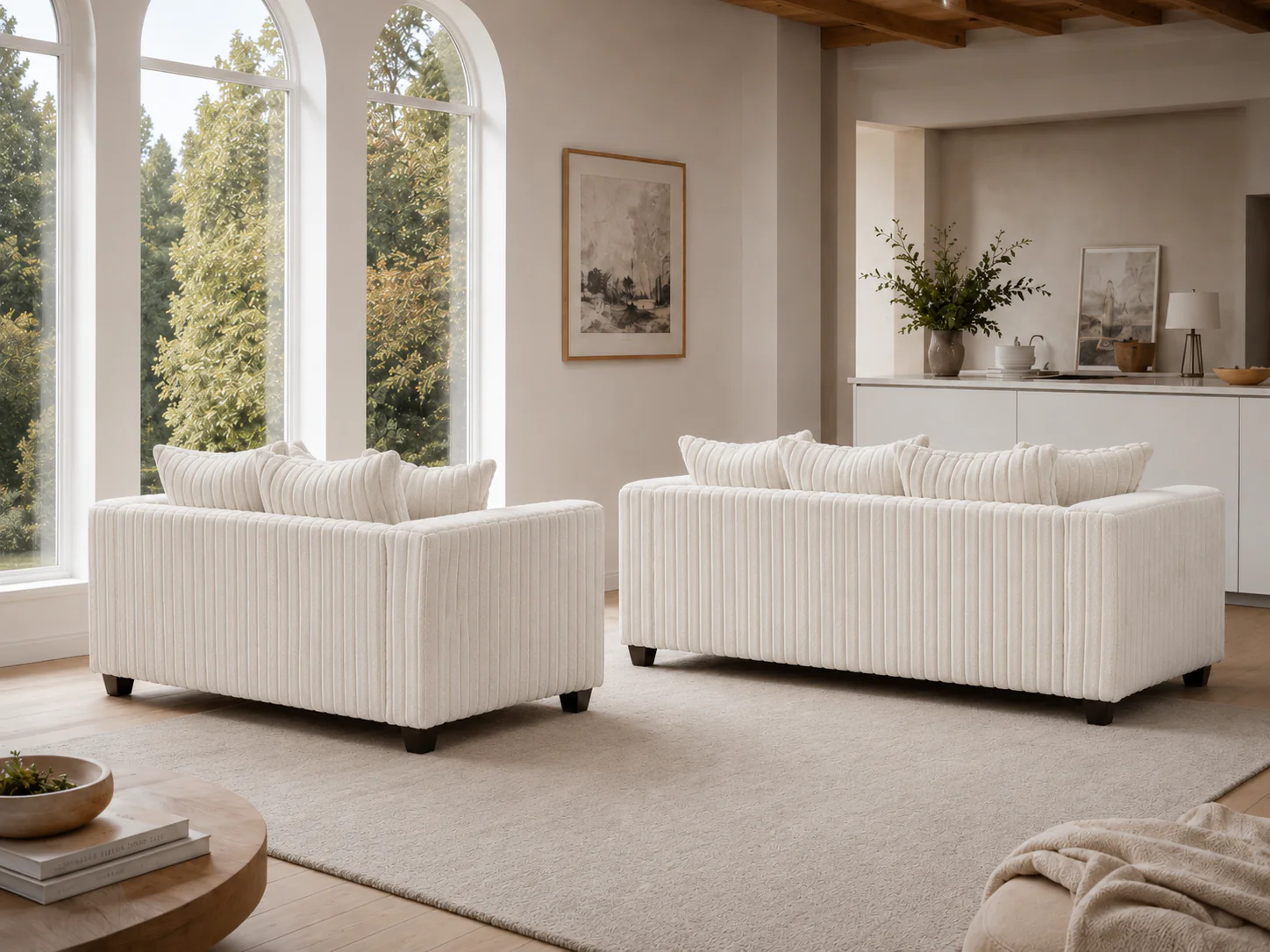 Modern Cream Ribbed Plush Fabric 2-Piece Sofa and Loveseat Set - Image 4