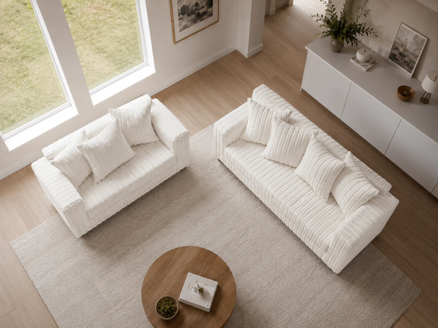 Modern Cream Ribbed Plush Fabric 2-Piece Sofa and Loveseat Set - Image 5