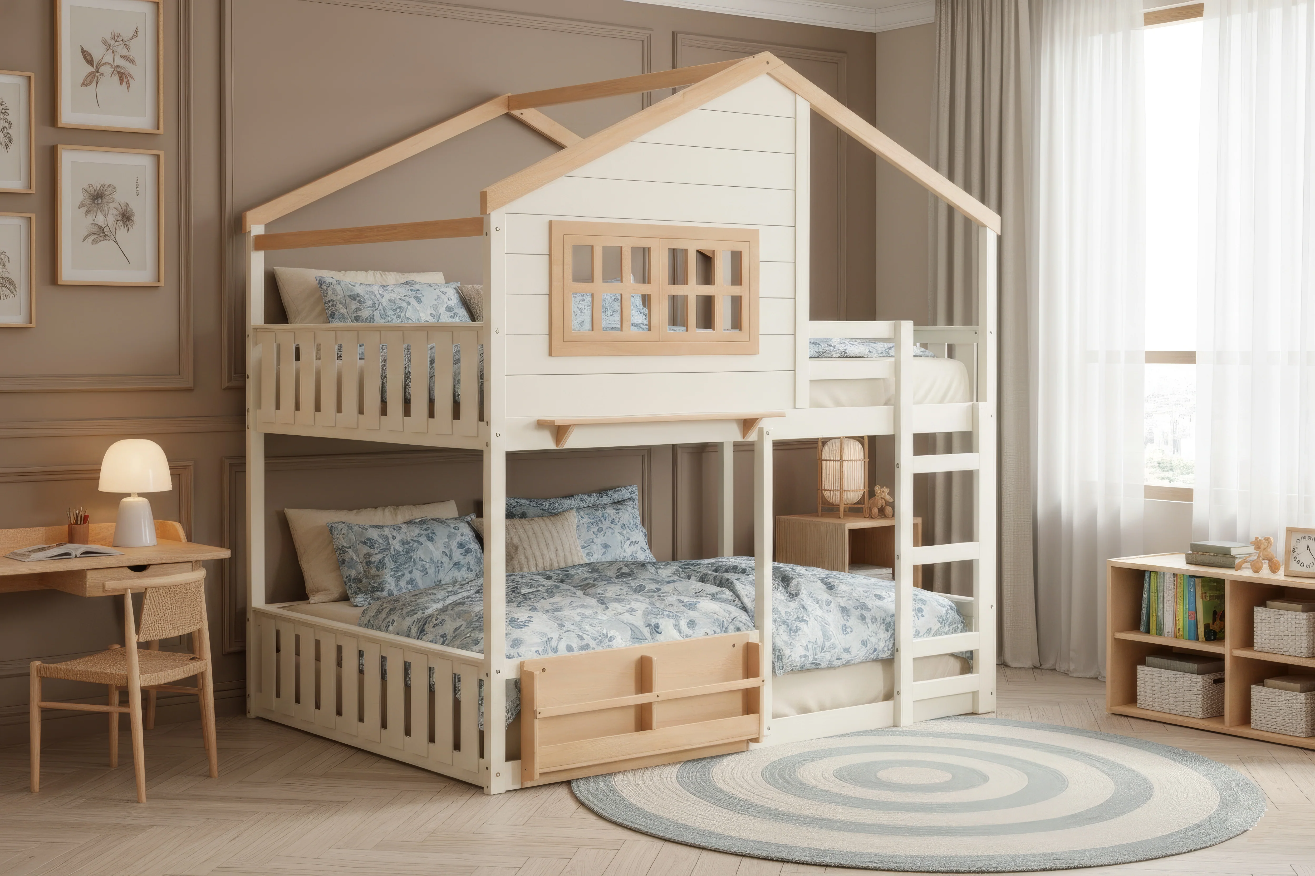 Modern Farmhouse House-Frame Full-over-Full Bunk Bed with Ladder & Built-In Shelf (Cream)