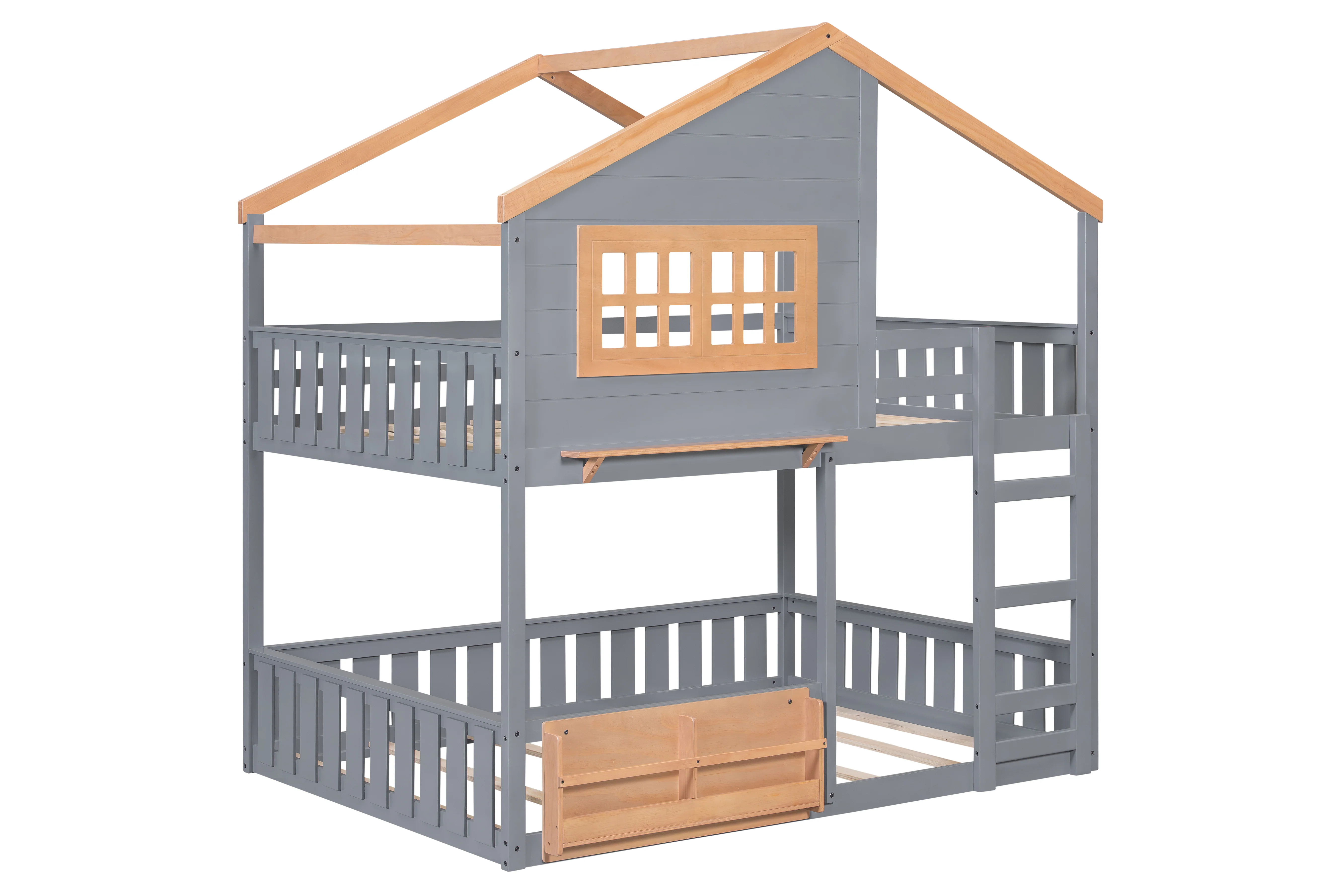 Modern Farmhouse House-Frame Full-over-Full Bunk Bed with Ladder, Guard Rails & Built-In Shelf (Gray) - Image 4
