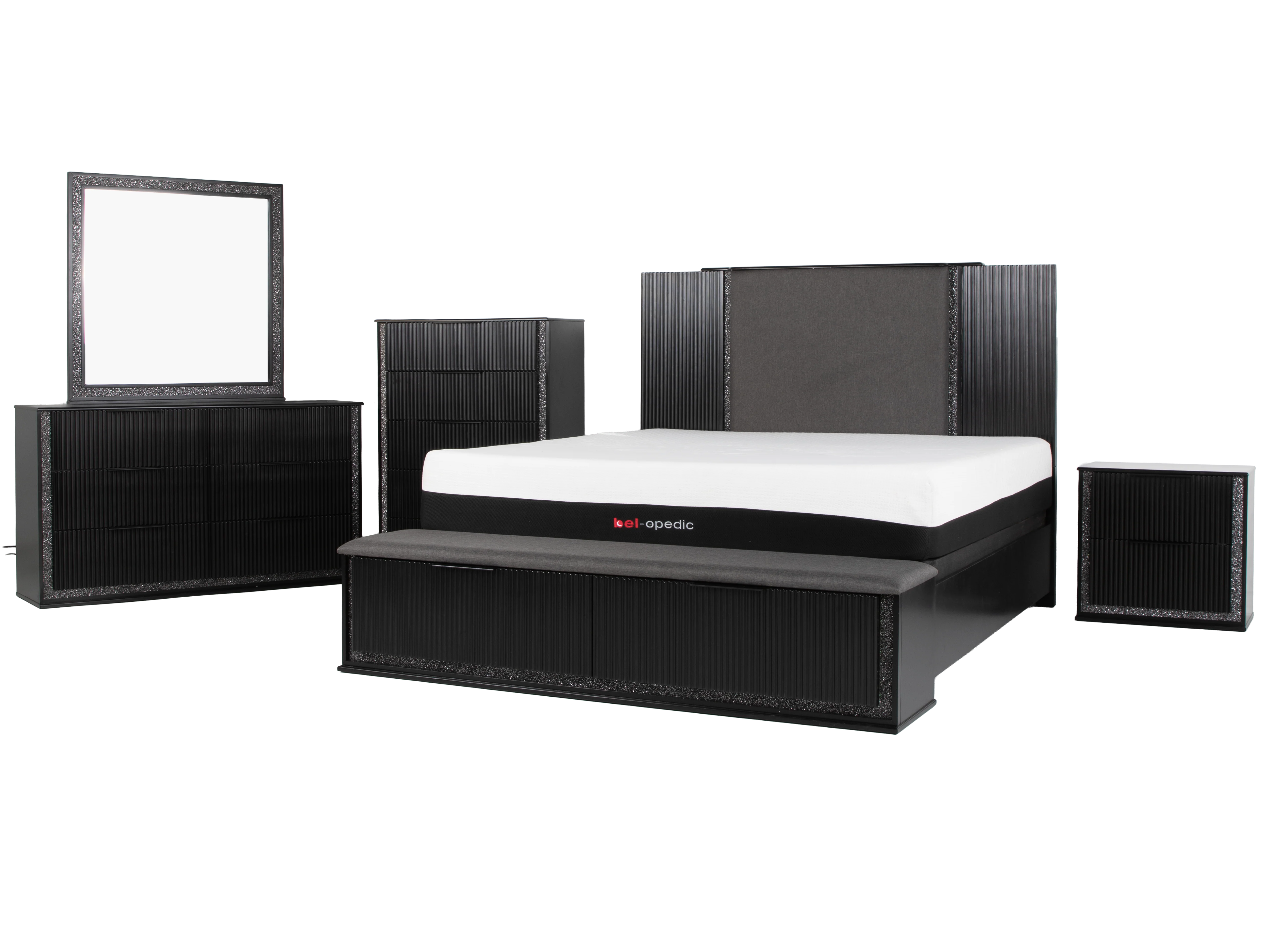 Modern Glam Black Storage Bedroom Set with LED Headboard & Footboard - Image 2