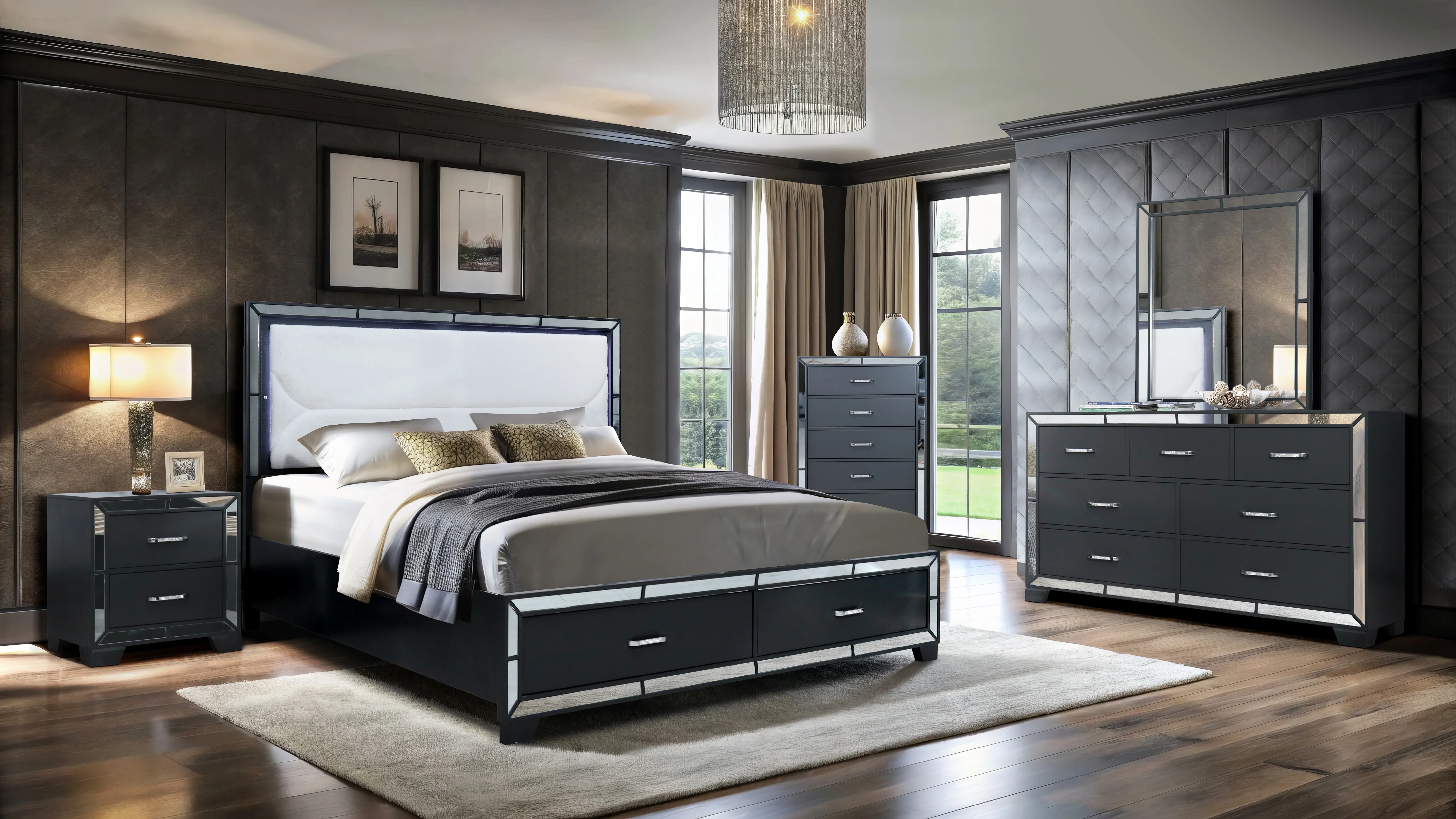 Modern Glam Graphite 5-Drawer Chest with Mirror Trim Accents