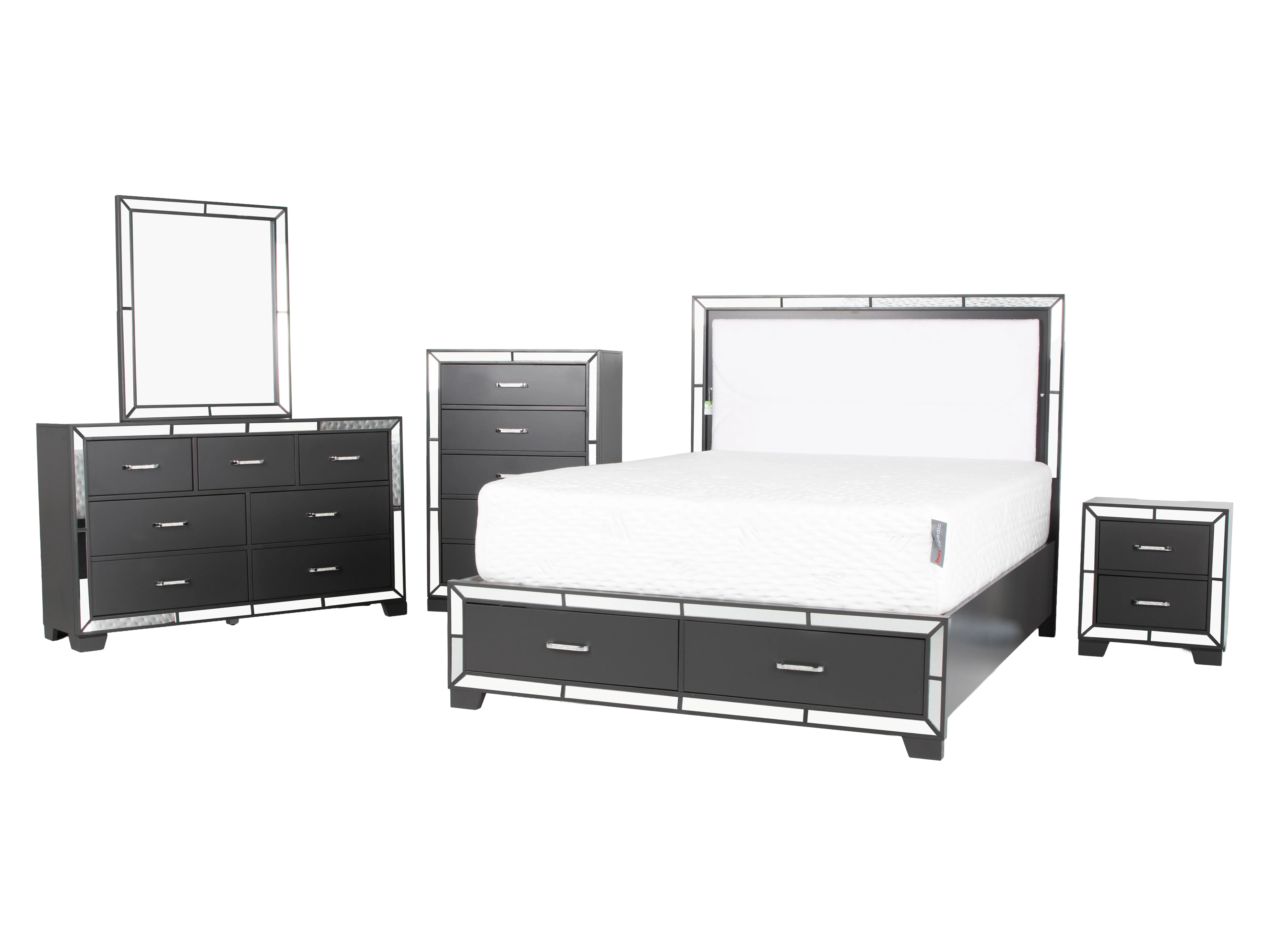 Modern Glam Graphite 6-Piece Bedroom Set with LED Upholstered Bed, Dresser, Mirror & USB Nightstand - Image 2