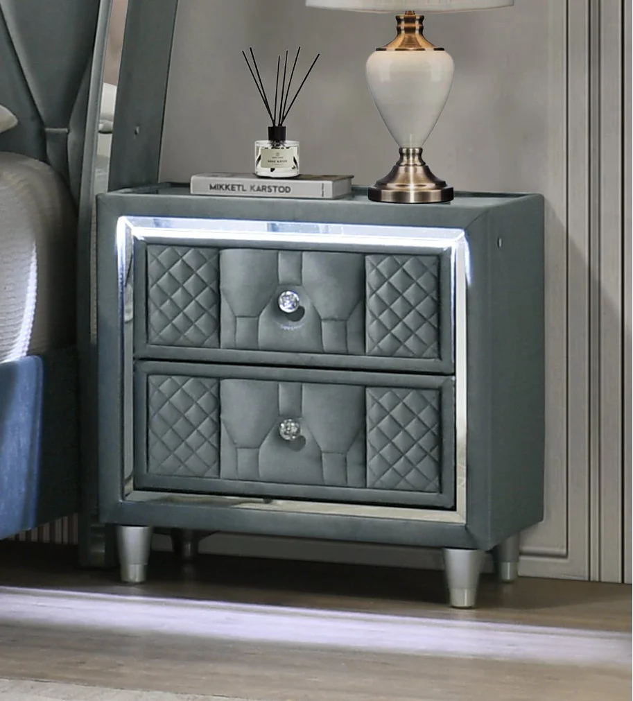 Modern Gray Velvet Nightstand with LED and Glass Top