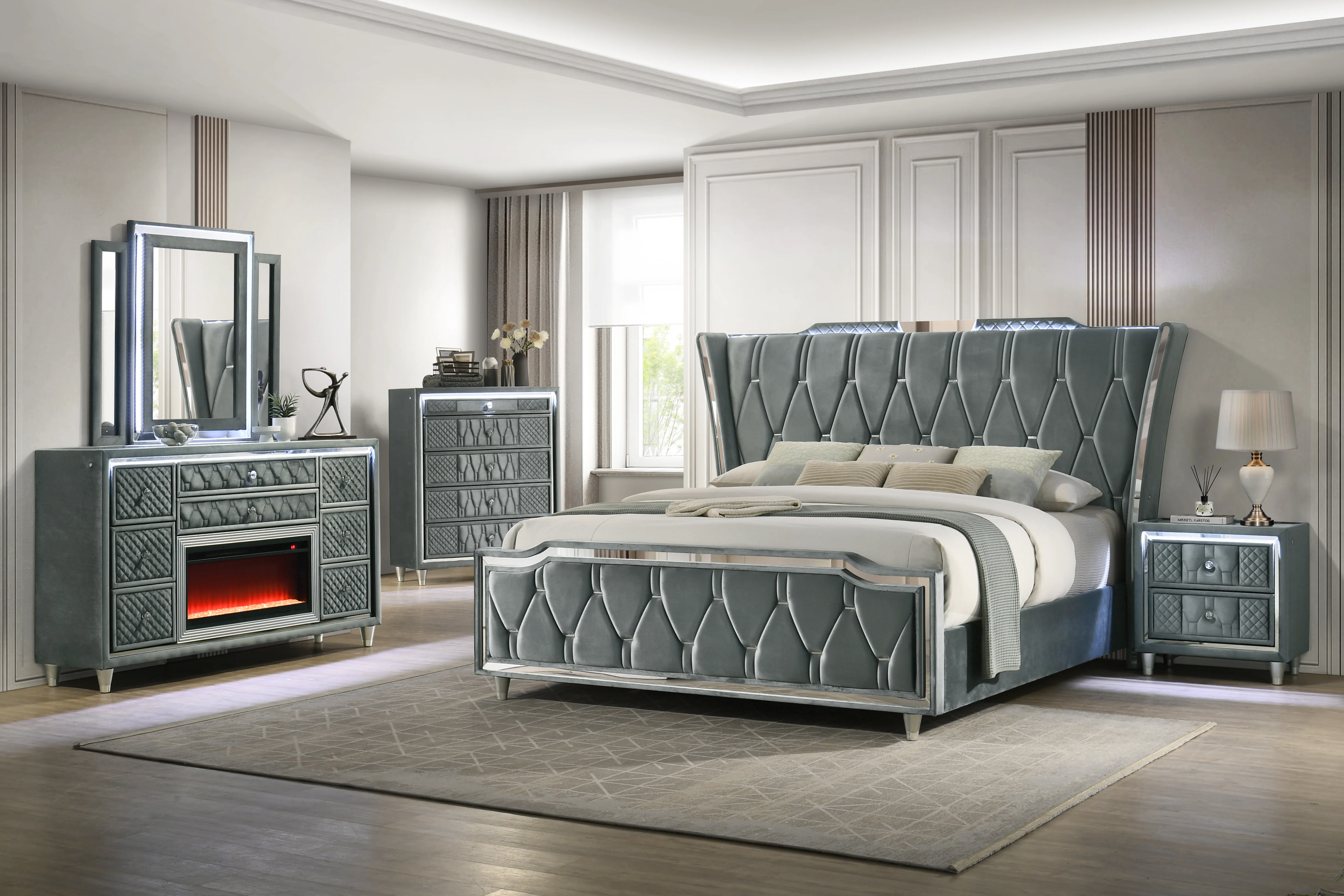 Modern Gray Velvet Nightstand with LED and Glass Top - Image 2