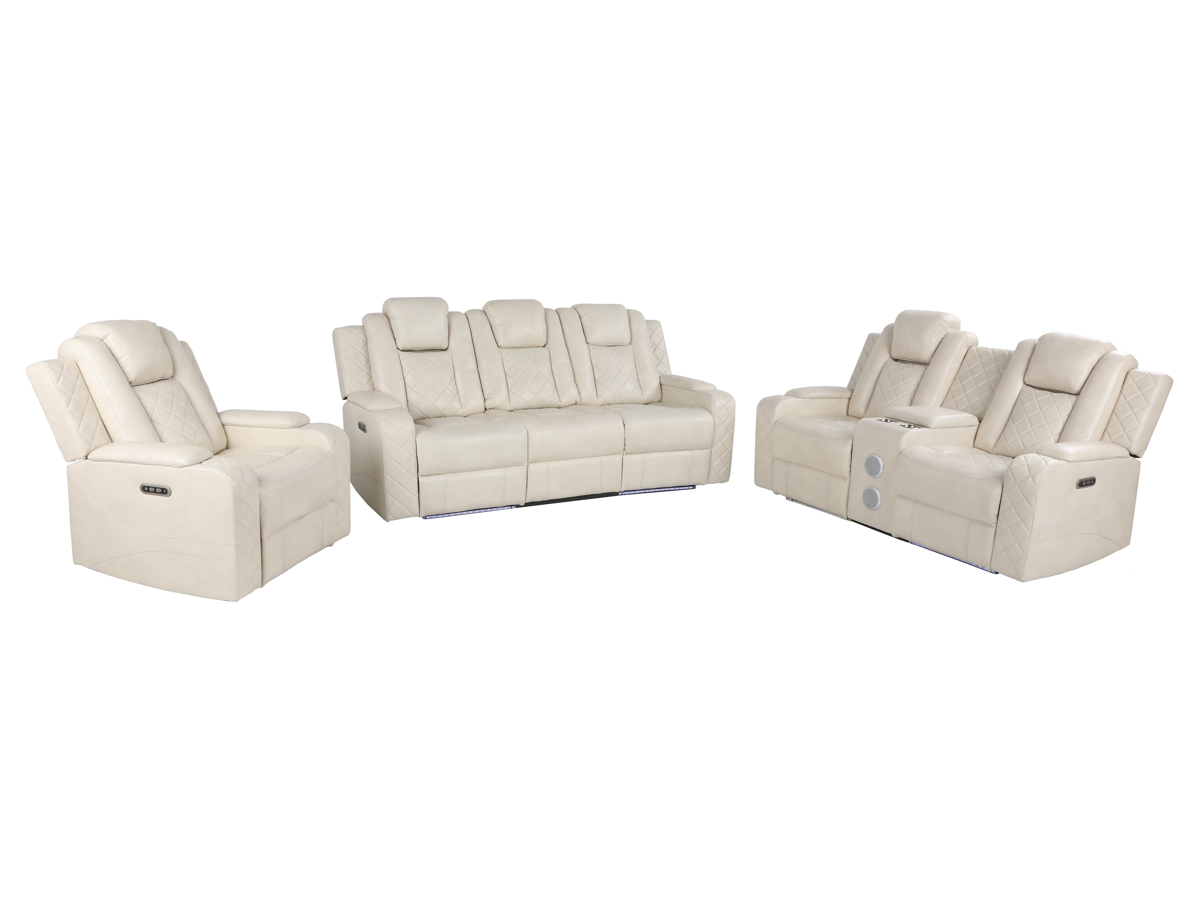 Modern Ivory 3-Piece Power Reclining Living Room Set w/ LED, Power Adjustable Headrest, Wireless Charging, Bluetooth Speakers, & Cupholders - Image 2