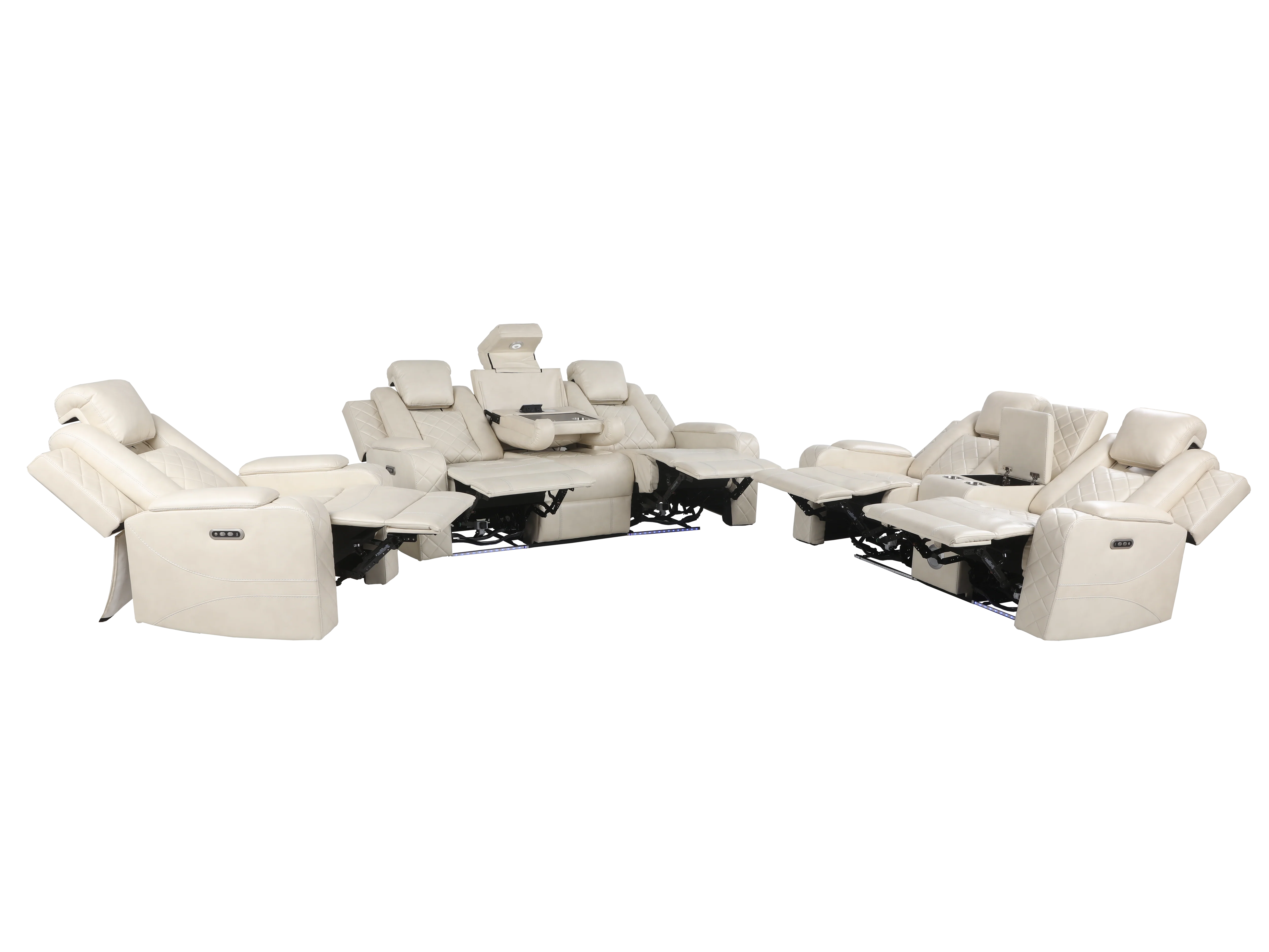 Modern Ivory 3-Piece Power Reclining Living Room Set w/ LED, Power Adjustable Headrest, Wireless Charging, Bluetooth Speakers, & Cupholders - Image 3