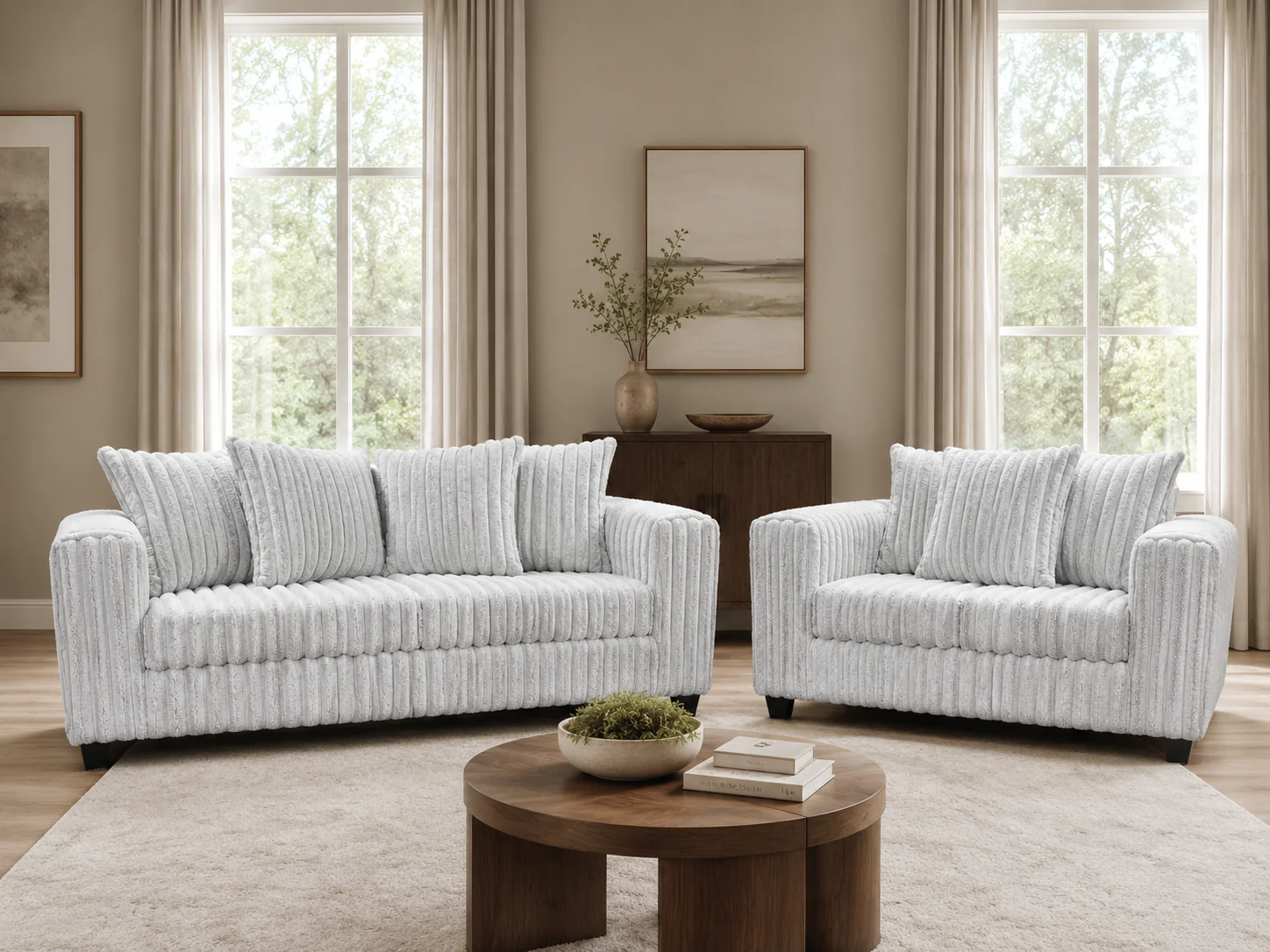 Modern Light Gray Ribbed Plush Fabric 2-Piece Sofa and Loveseat Set - Image 2