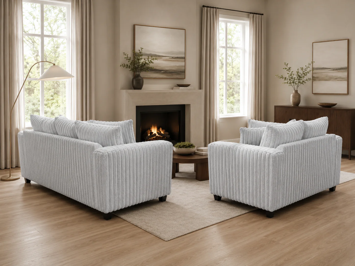 Modern Light Gray Ribbed Plush Fabric 2-Piece Sofa and Loveseat Set - Image 4