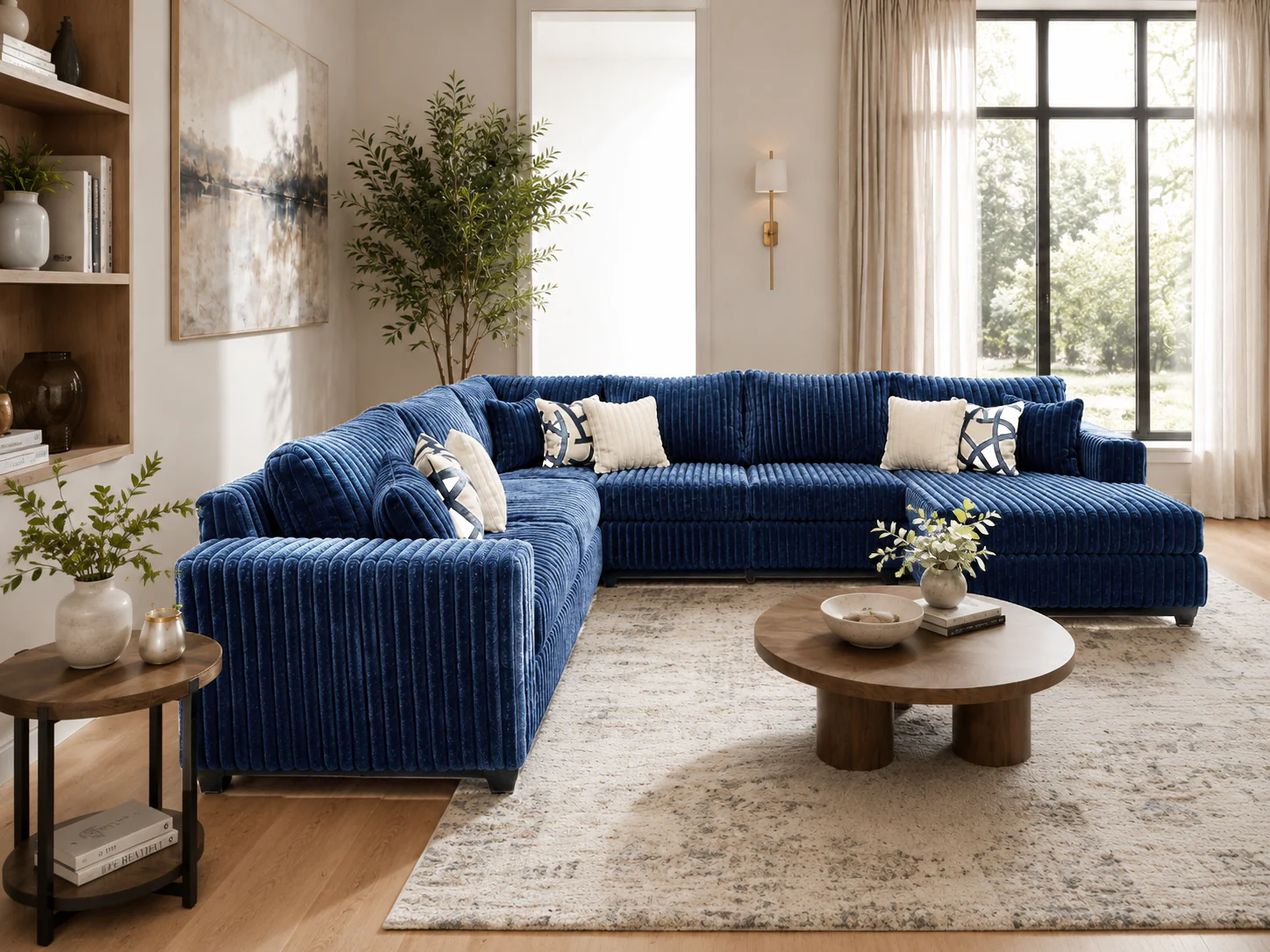 Modern Navy Blue Plush Corduroy 4 Piece Sectional Sofa with LAF Sofa, 2 Armless Chairs, RAF Chaise & 9 Pillows - Image 3