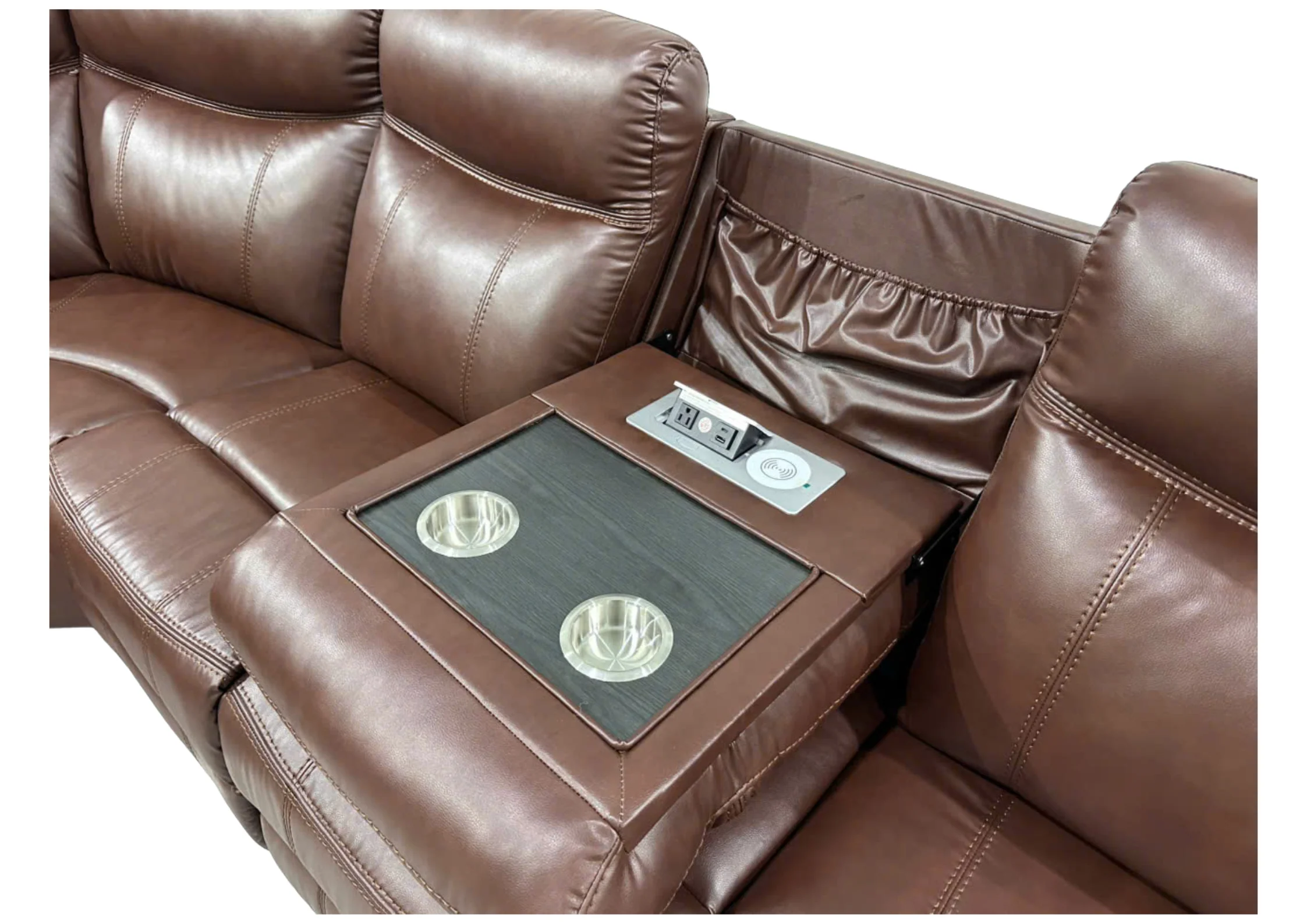 Modern Power Reclining Sectional with Power Headrests, Drop-Down Table, Cup Holders, USB/AC Power & Storage (Brown) - Image 6
