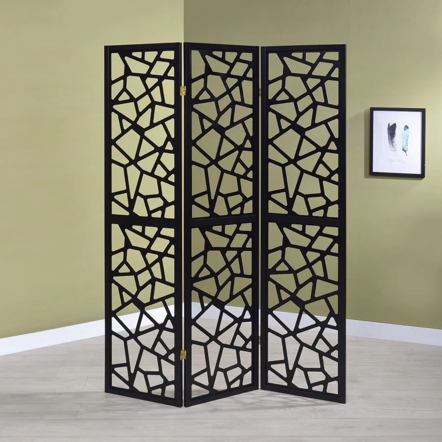 Nailan - 3-Panel Room Divider Folding Screen Open Mosaic - Black - Image 2