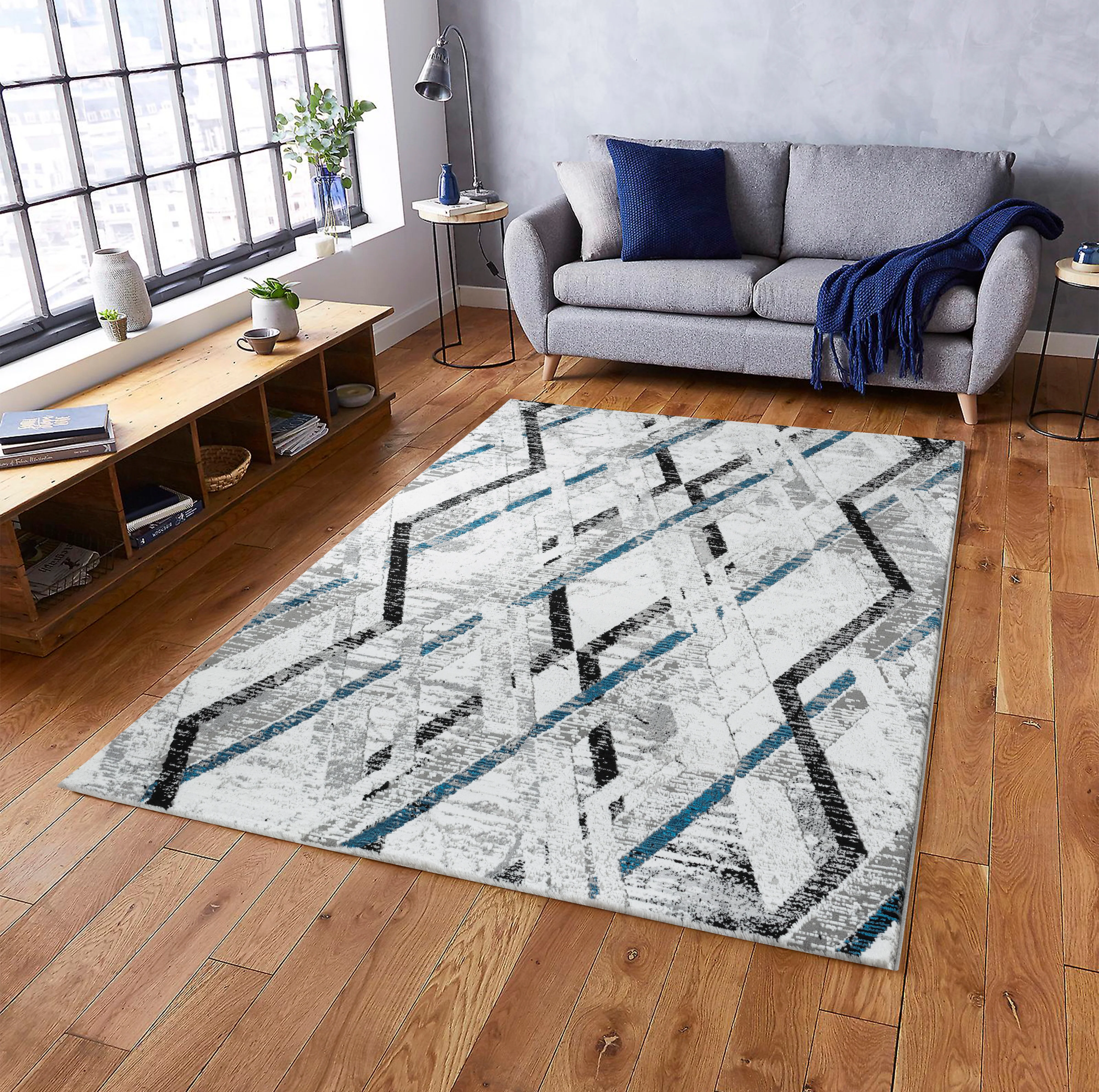 .Tyra Silver, Blue & Black Geometric Area Rug 6'6" x 9' - Image 2