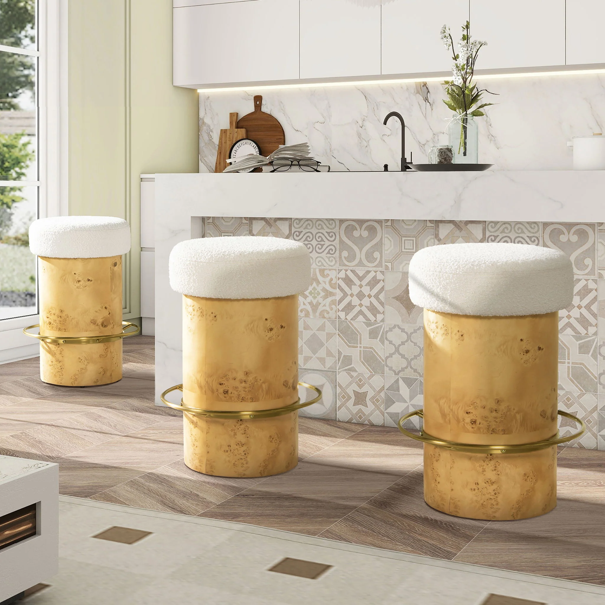 Nebula - Backless Round Upholstered Counter Stool With Burl - Ivory White - Image 3