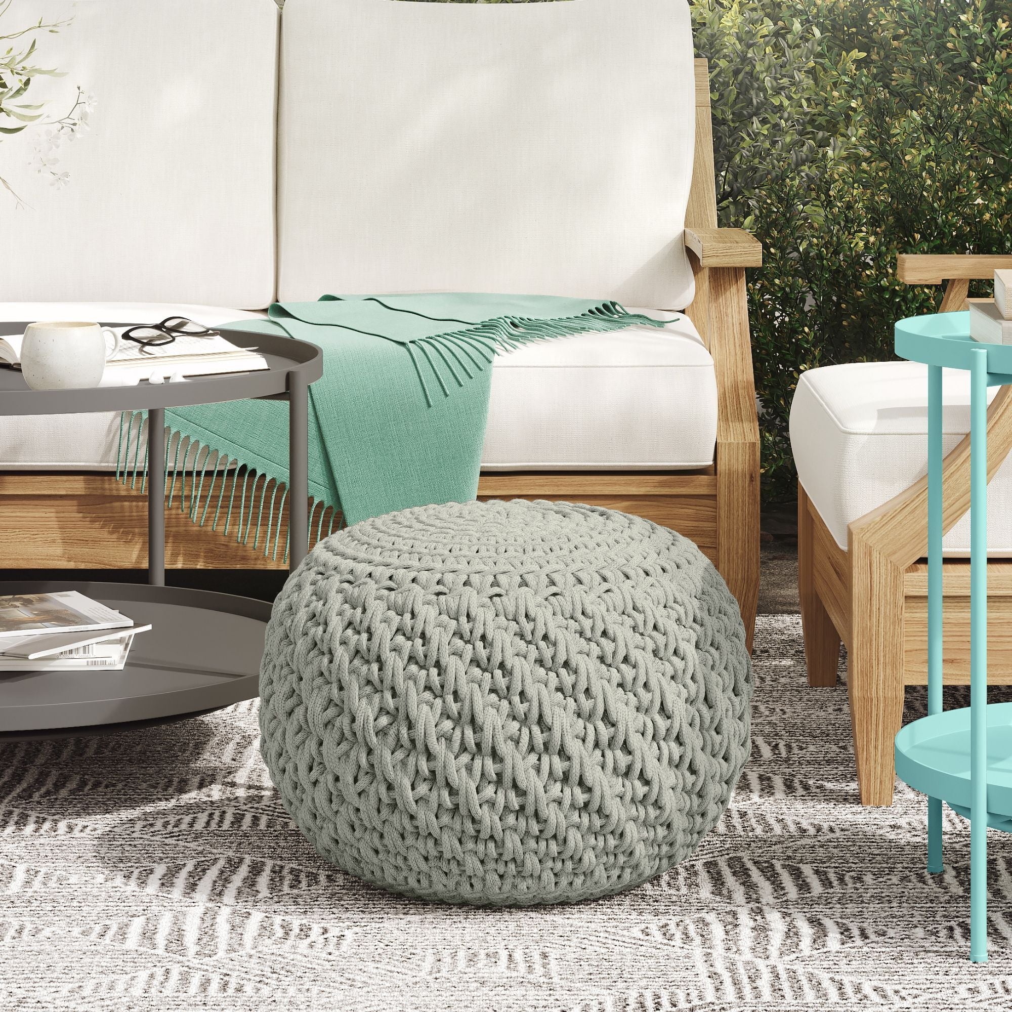 Nisi - Round Knitted Outdoor / Indoor Pouf - Light Gray - Image 2