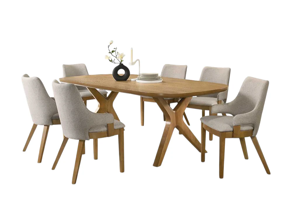 Oak Sculptural Trestle 7-Piece Dining Set with Latte Upholstered Chairs - Image 2