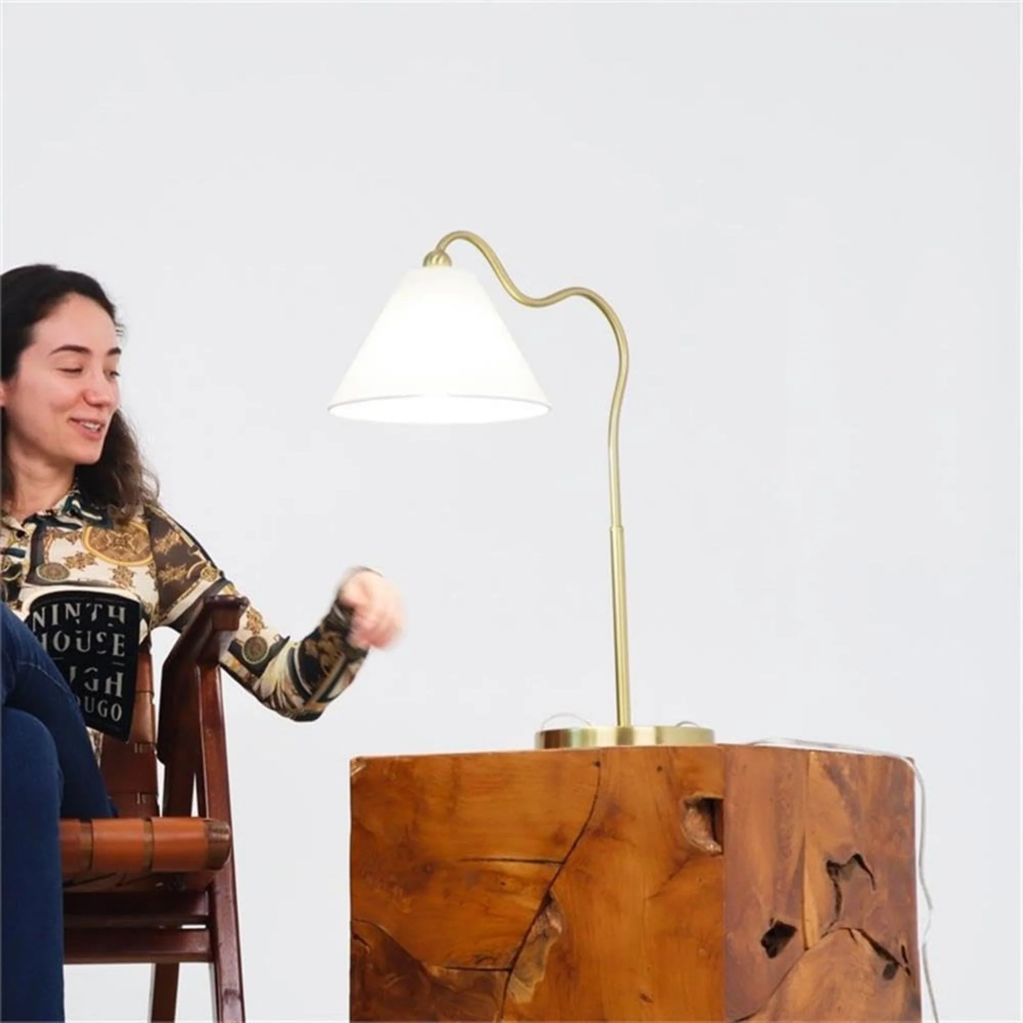 Ornate - Ring Base Curved Table Lamp With Triangle Drum Shade - Gold / White - Image 5