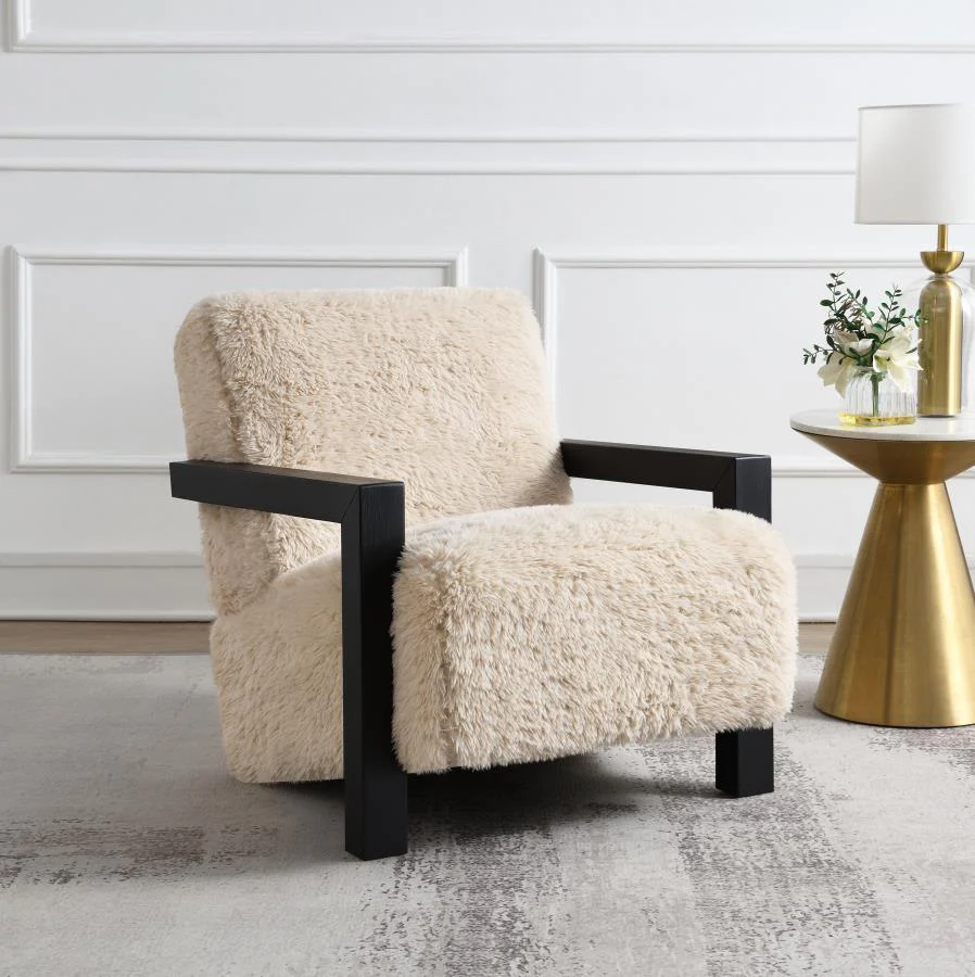 Fitzroy - Faux Fur Upholstered Chair Solid Wood Arms - Latte - Image 2