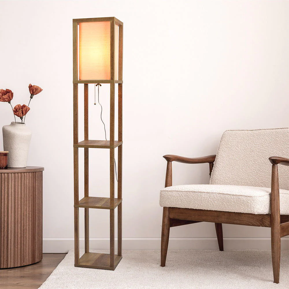 Pinnacle - Shelf Floor Lamp For Bedroom / Living Room, Long Shade - Natural Wood / White - Image 10