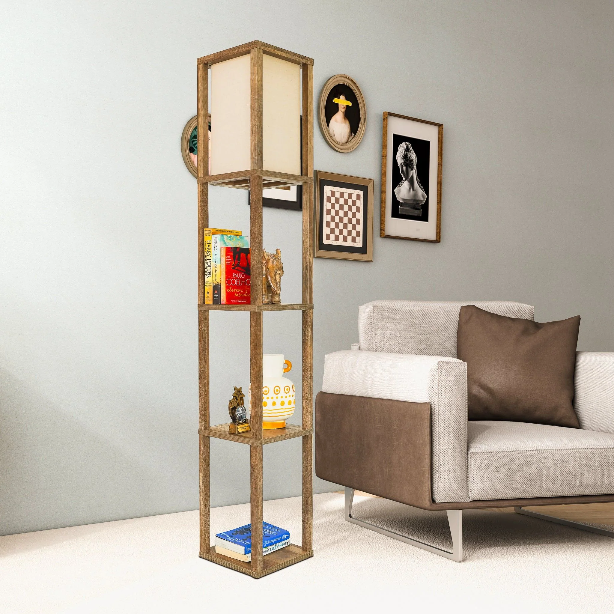 Pinnacle - Shelf Floor Lamp For Bedroom / Living Room, Long Shade - Natural Wood / White - Image 11