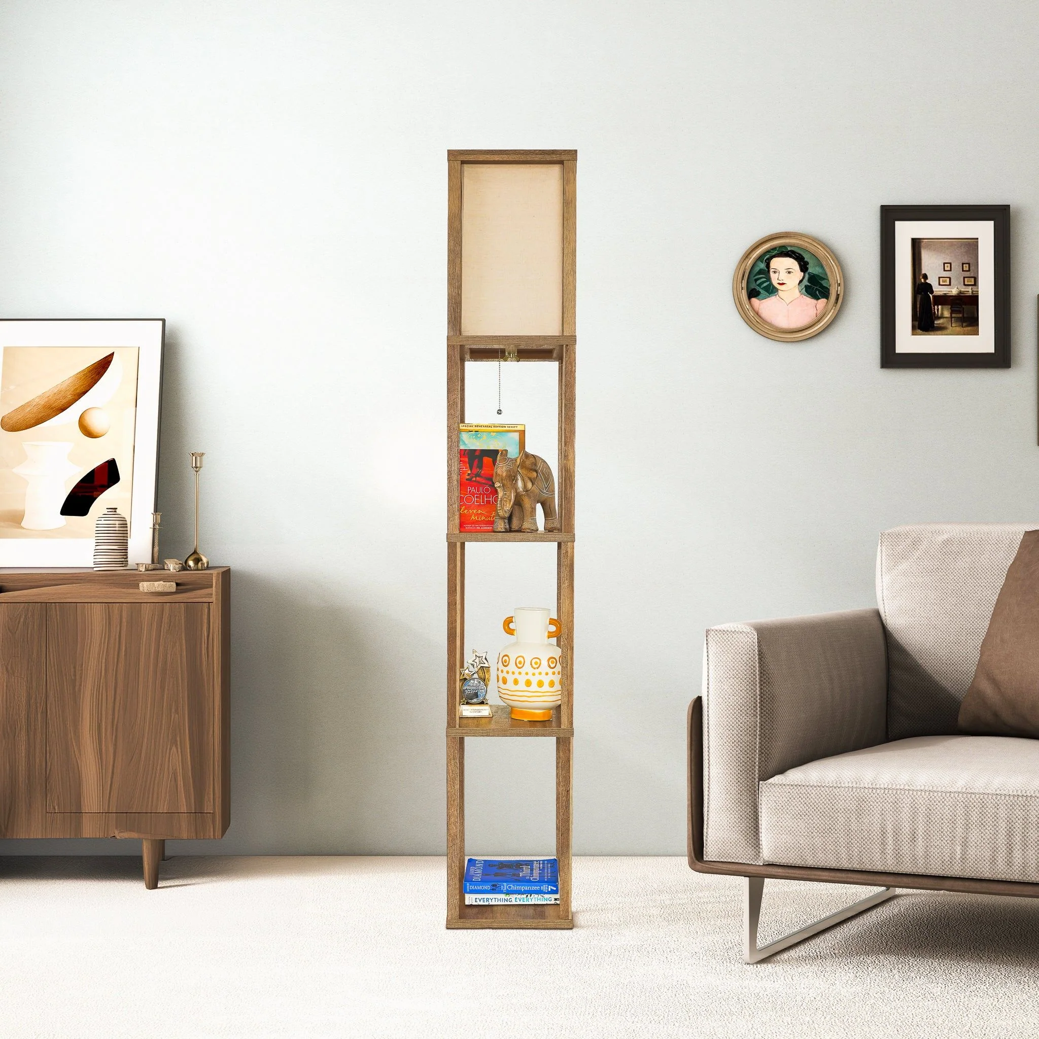 Pinnacle - Shelf Floor Lamp For Bedroom / Living Room, Long Shade - Natural Wood / White - Image 13